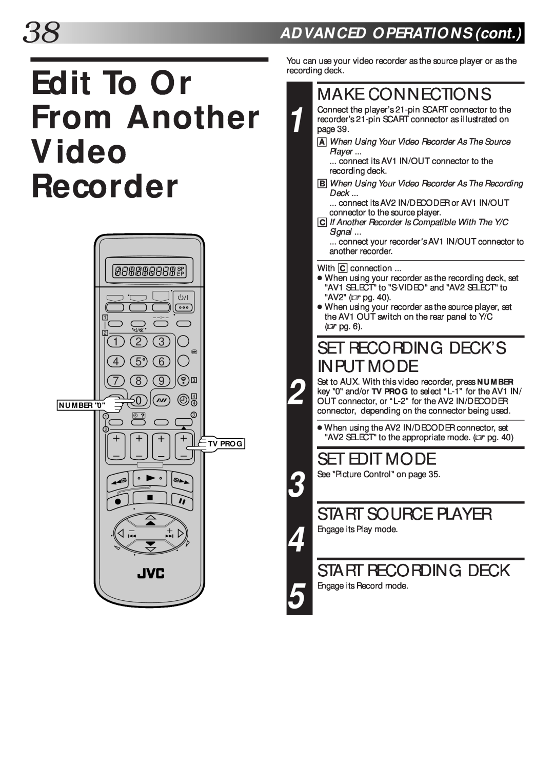 JVC HR-S9600EK Edit To Or From Another Video Recorder, Make Connections, Set Recording Deck’S, Input Mode, Set Edit Mode 