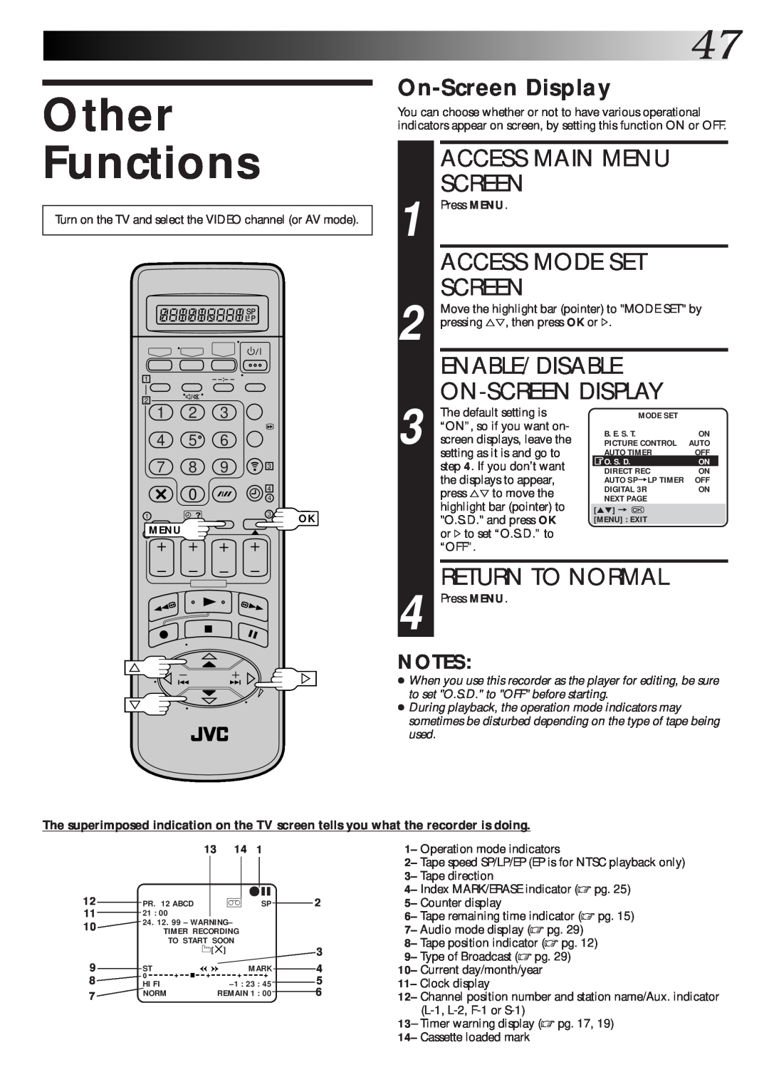 JVC HR-S9600EK Other Functions, Enable/Disable, On-Screen Display, Access Main Menu, Access Mode Set, Return To Normal 