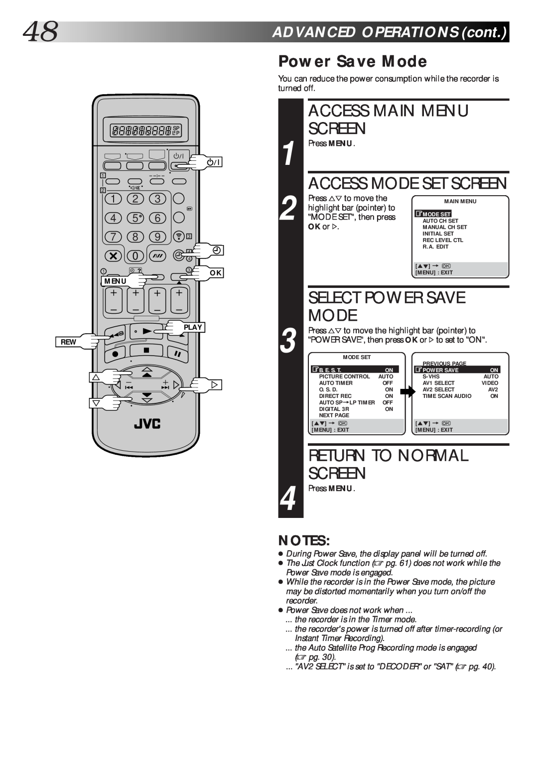 JVC HR-S9600EK setup guide 48ADVANCEDOPERATIONScont, Power Save Mode, Select Power Save, Access Main Menu, Screen 