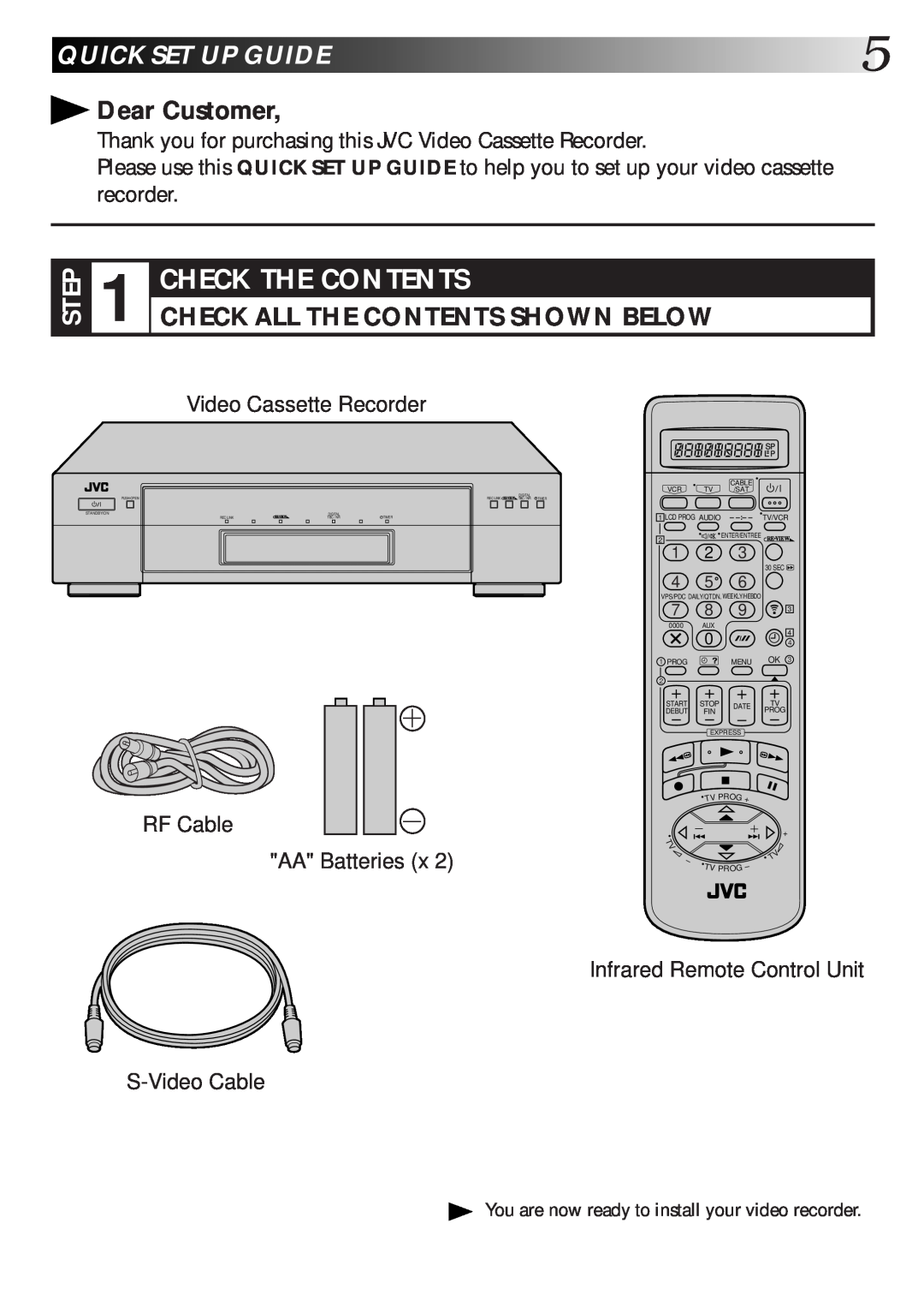 JVC HR-S9600EK QUICKSETUPGUIDE5, Dear Customer, Step, Check The Contents, Check All The Contents Shown Below, Prog 