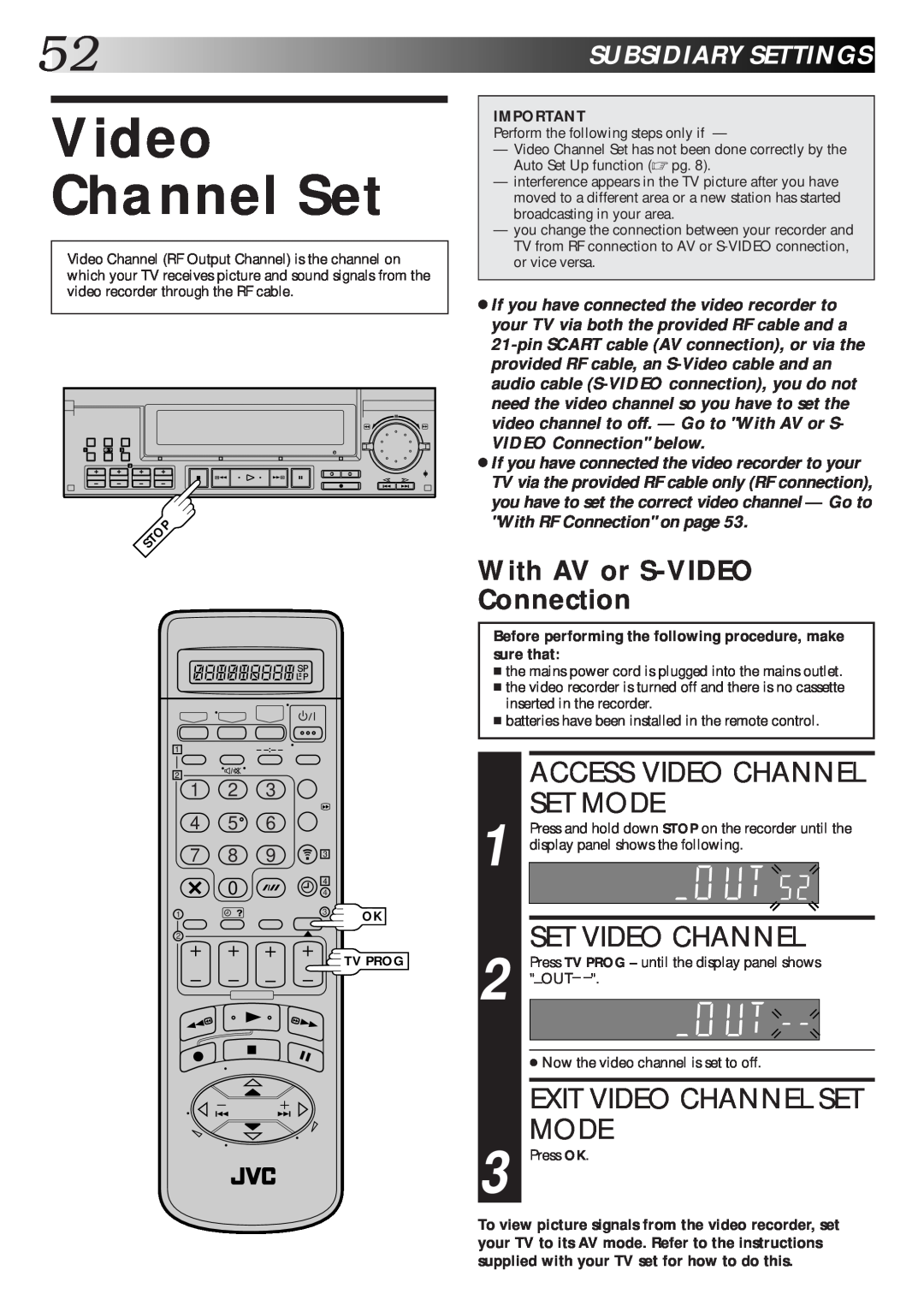 JVC HR-S9600EK Access Video Channel Set Mode, Set Video Channel, Exit Video Channel Set Mode, 52SUBSIDIARYSETTINGS 