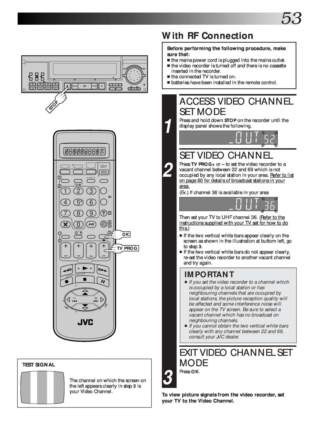 JVC HR-S9600EK With RF Connection, Access Video Channel Set Mode, Set Video Channel, Exit Video Channel Set Mode 
