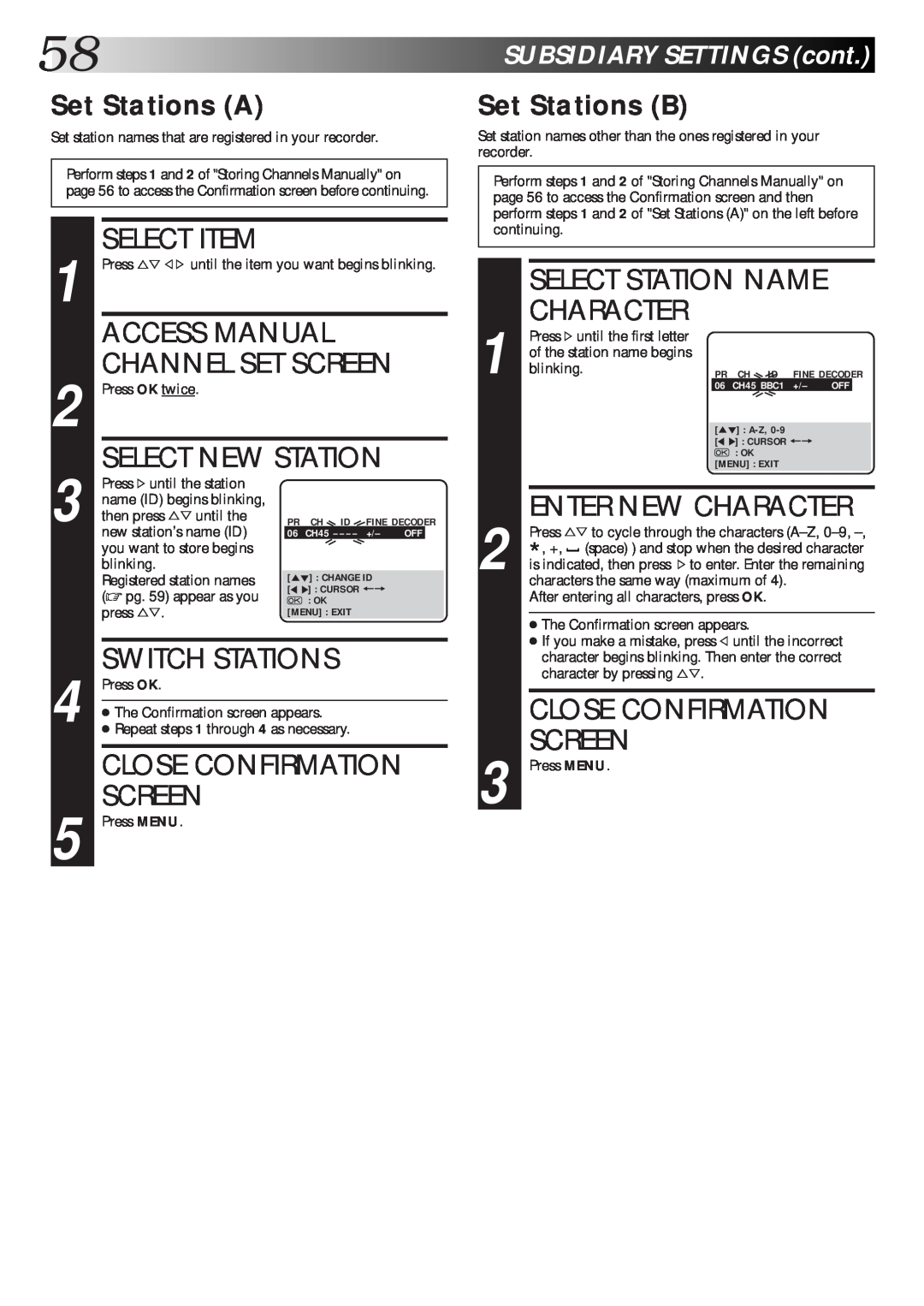 JVC HR-S9600EK Access Manual, Channel Set Screen, Select New Station, Switch Stations, Close Confirmation, Set Stations A 