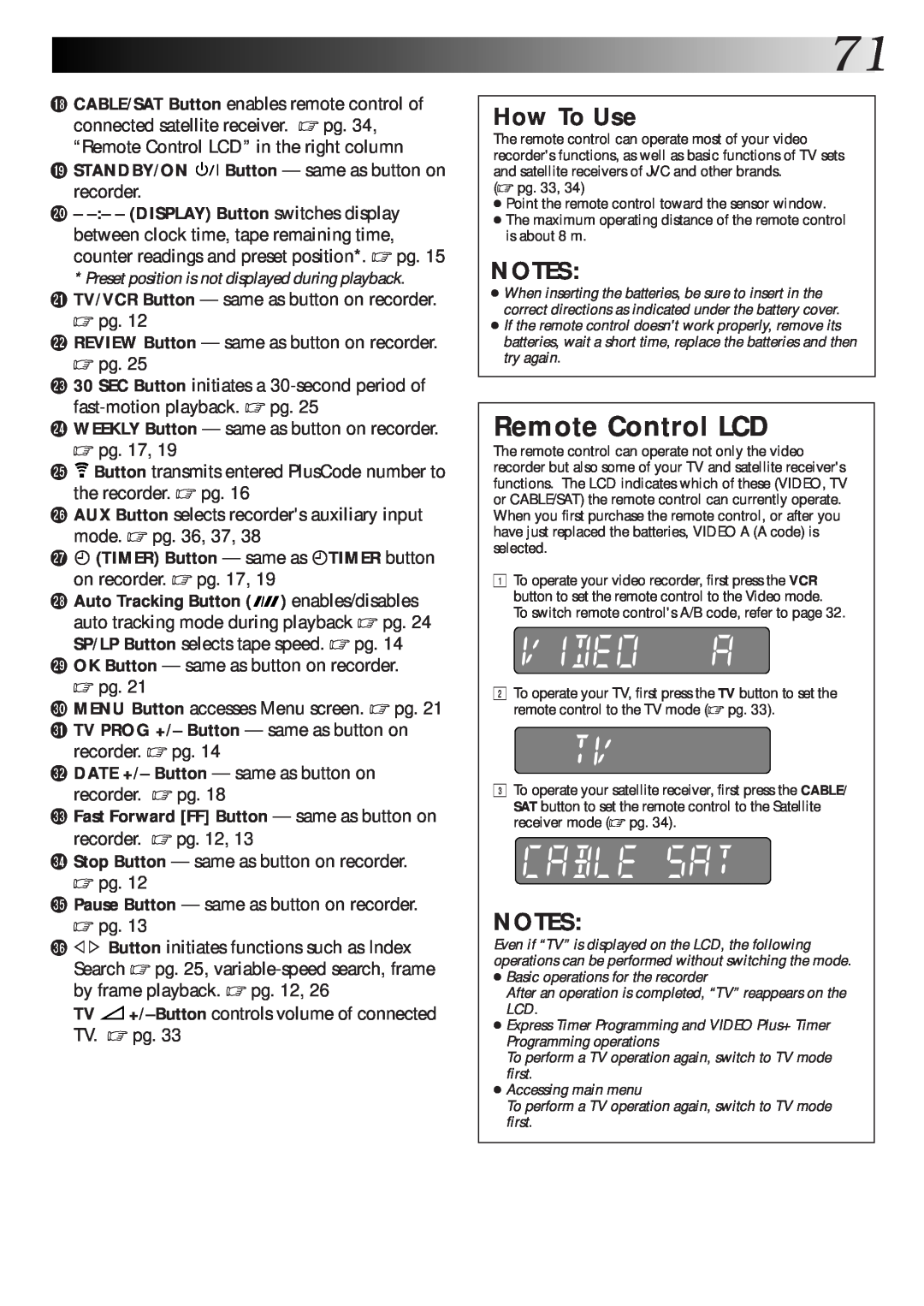 JVC HR-S9600EK setup guide Remote Control LCD, How To Use, u ä TIMER Button - same as äTIMER button on recorder. pg. 17 