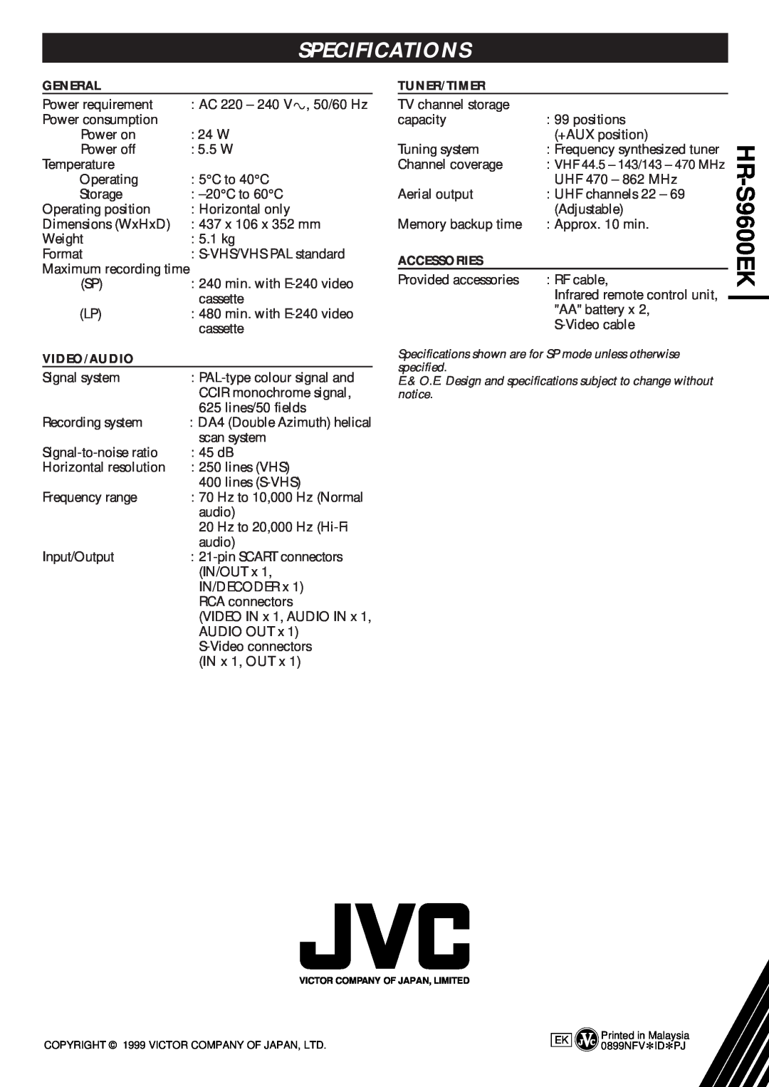 JVC HR-S9600EK setup guide Specifications, General, Video/Audio, Tuner/Timer, Accessories 