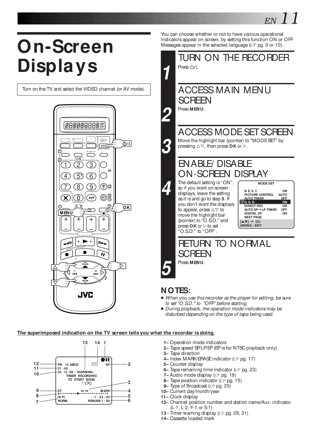 JVC HR-S9600EU specifications On-Screen Displays, ENABLE/DISABLE ON-SCREEN Display, Return to Normal Screen, 13 14 