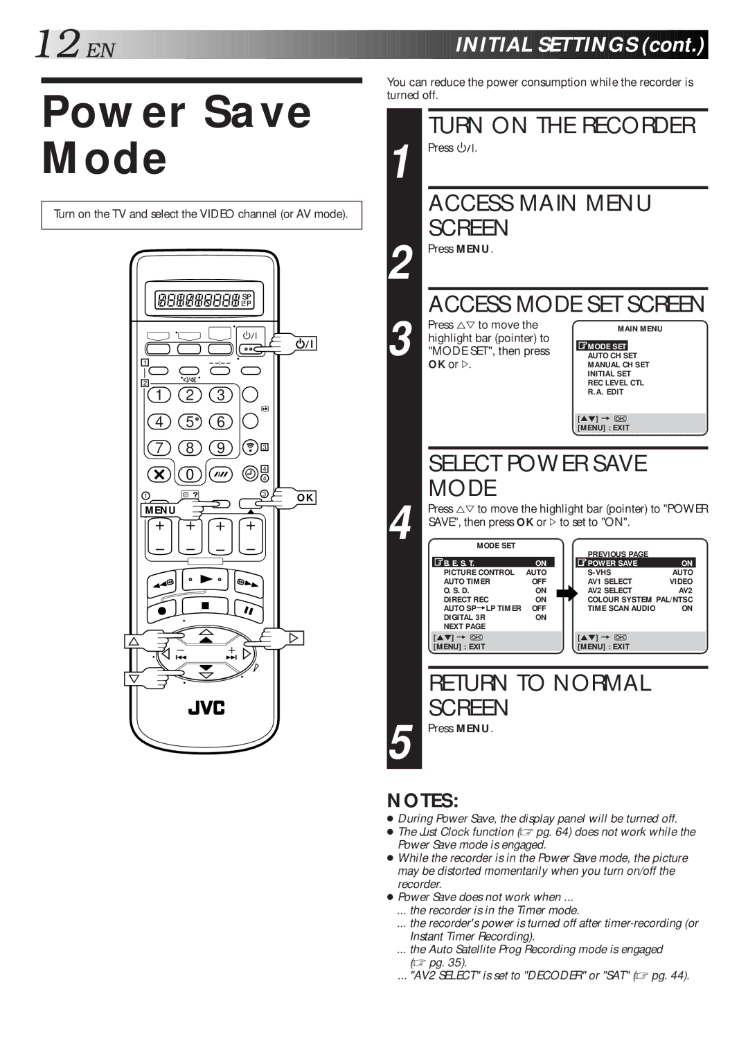 JVC HR-S9600EU specifications Power Save Mode, Mode SET, then press, SAVE, then press OK or #to set to on 