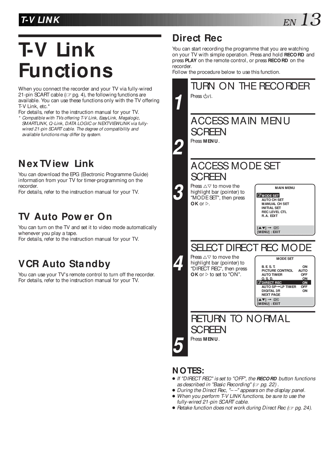 JVC HR-S9600EU specifications Link Functions, Li Nk, NexTView Link, TV Auto Power On, VCR Auto Standby Direct Rec 