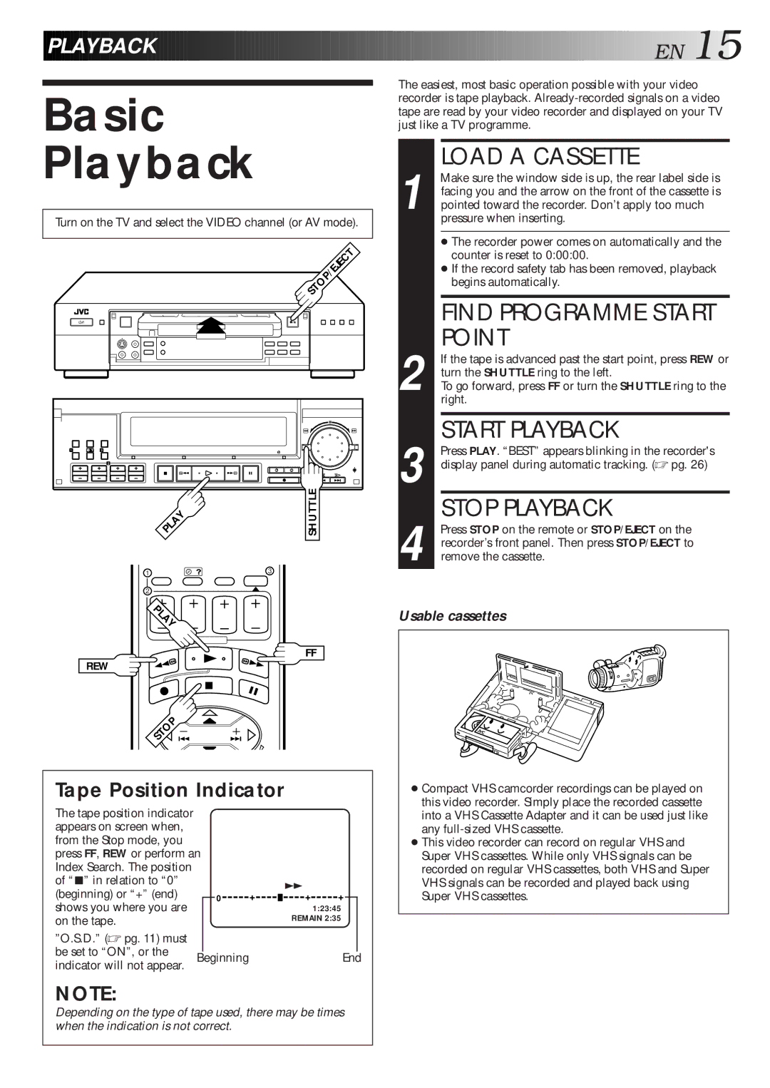 JVC HR-S9600EU specifications Basic Playback, Load a Cassette, Point, Start Playback, Stop Playback 