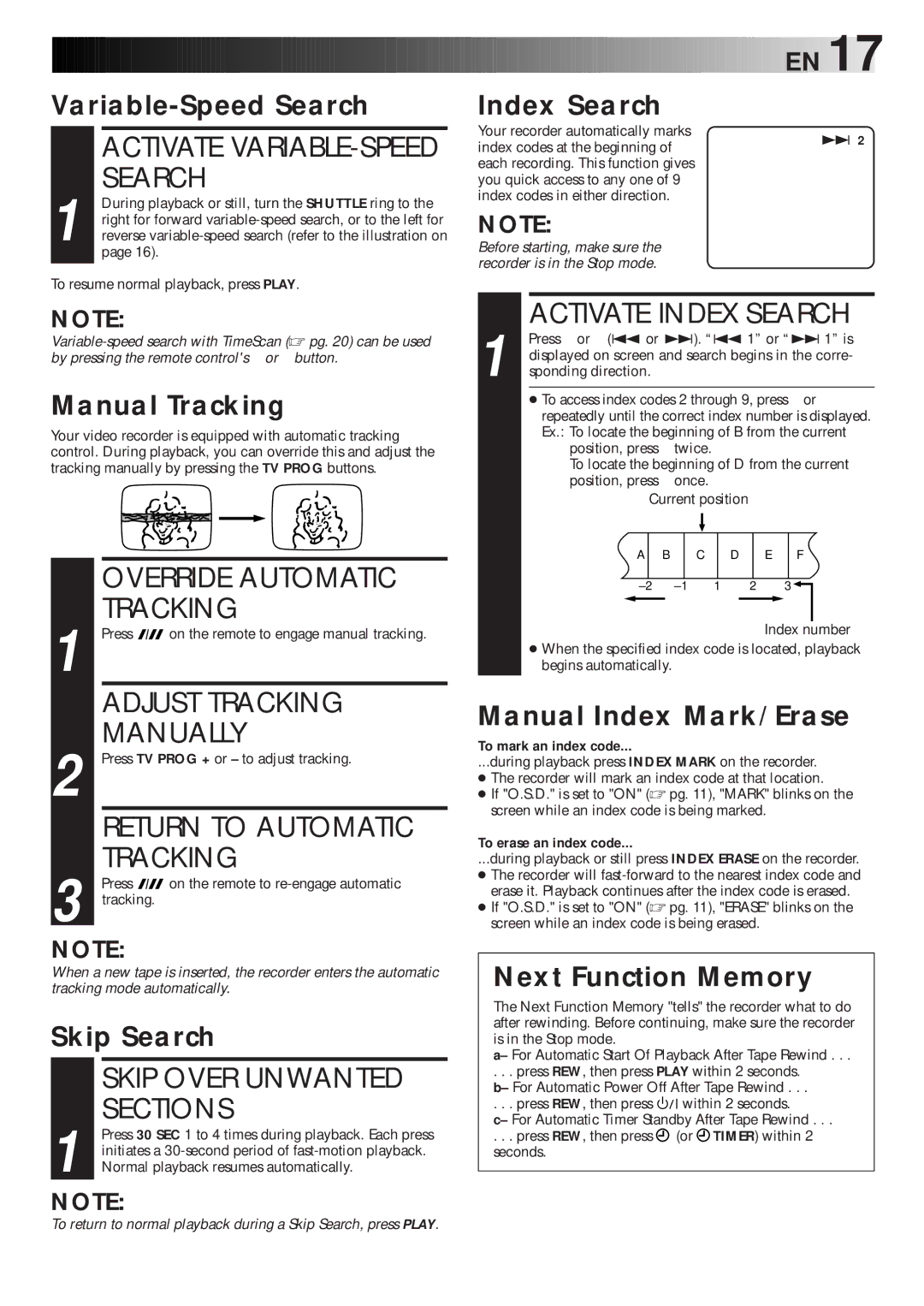 JVC HR-S9600EU Override Automatic Tracking, Adjust Tracking, Manually, Return to Automatic, Skip Over Unwanted, Sections 