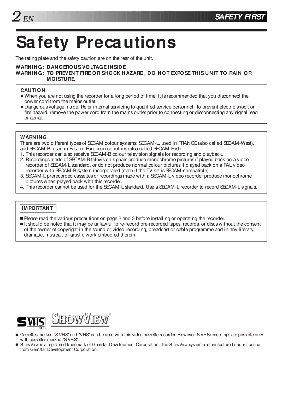 JVC HR-S9600EU specifications Safety Precautions 