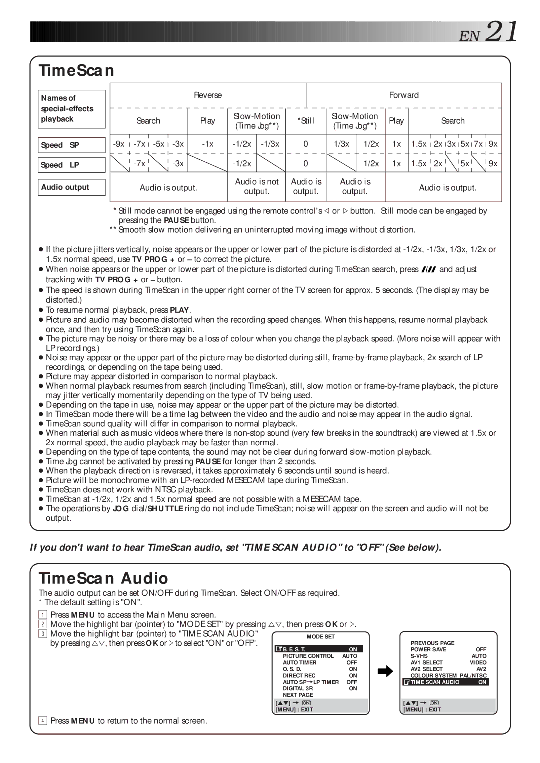 JVC HR-S9600EU specifications TimeScan, Speed SP Speed LP Audio output, Move the highlight bar pointer to Time Scan Audio 