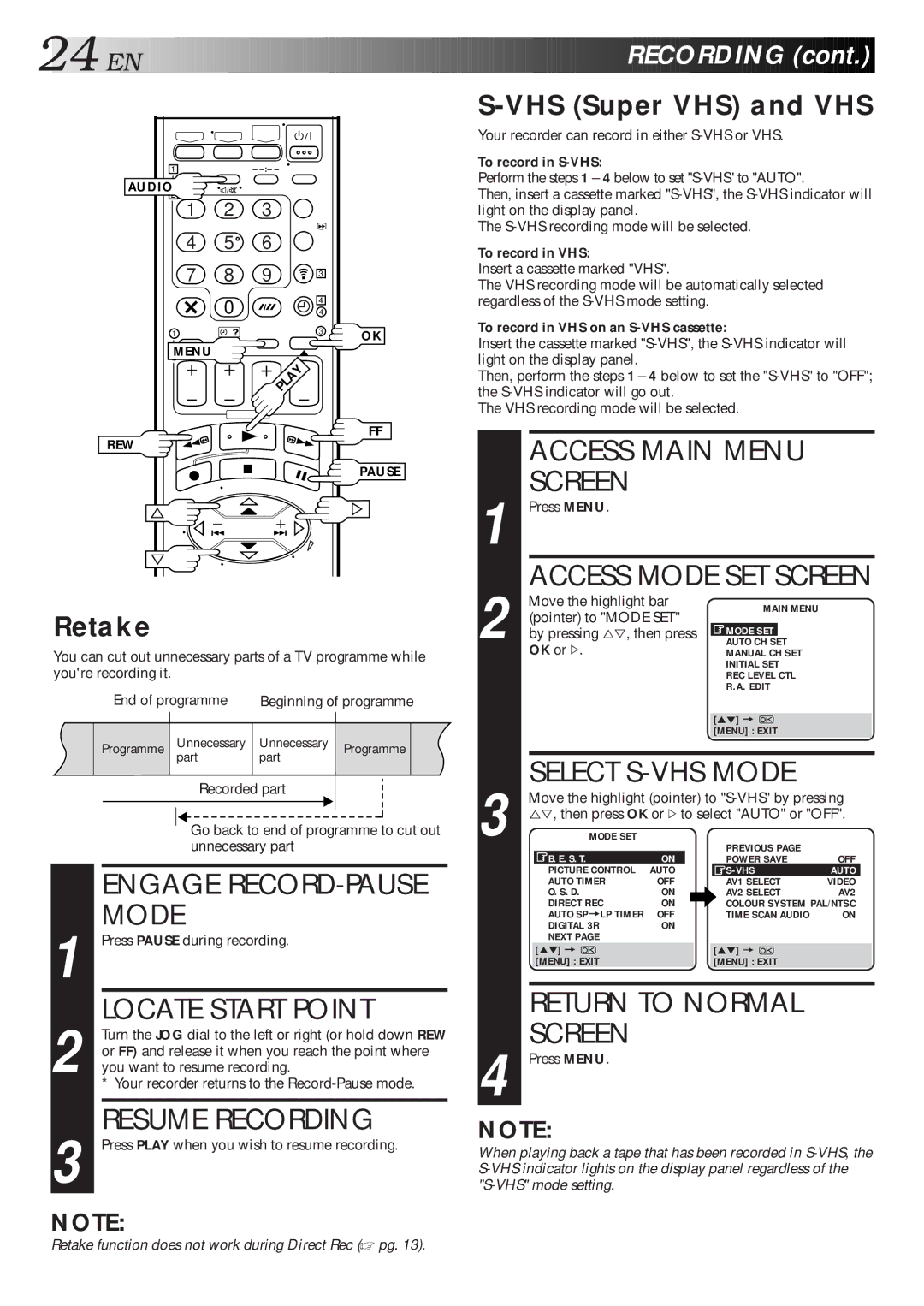 JVC HR-S9600EU specifications Engage RECORD-PAUSE Mode, Locate Start Point, Resume Recording, VHS Super VHS and VHS, Retake 