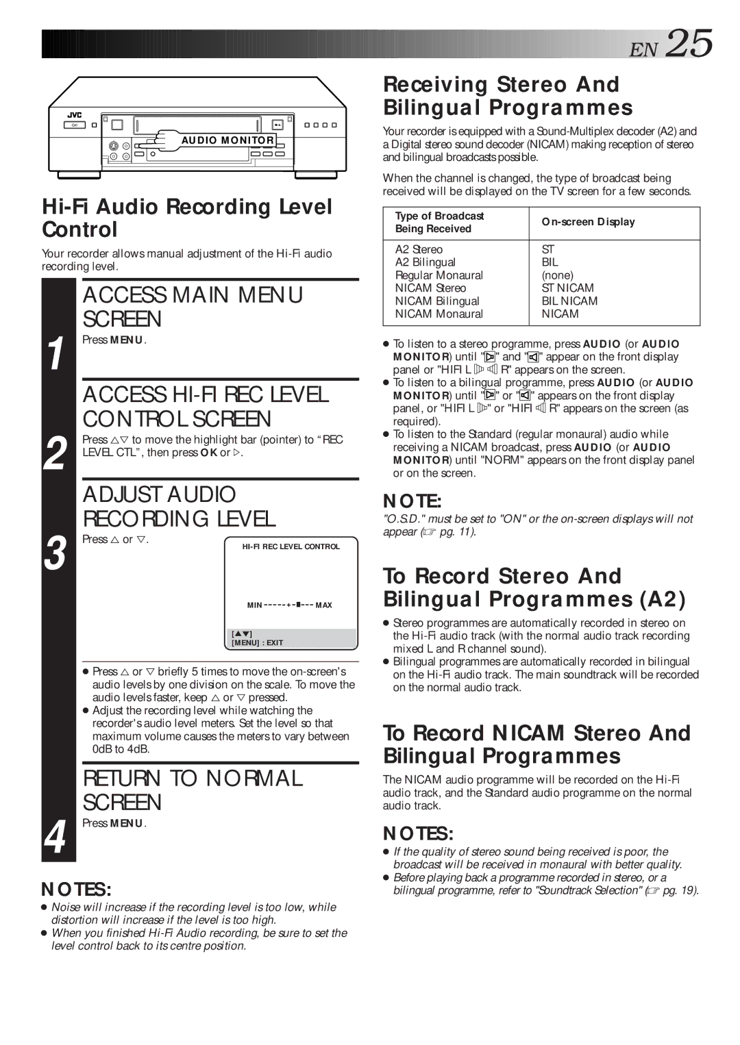 JVC HR-S9600EU specifications Control Screen, Adjust Audio, Recording Level 