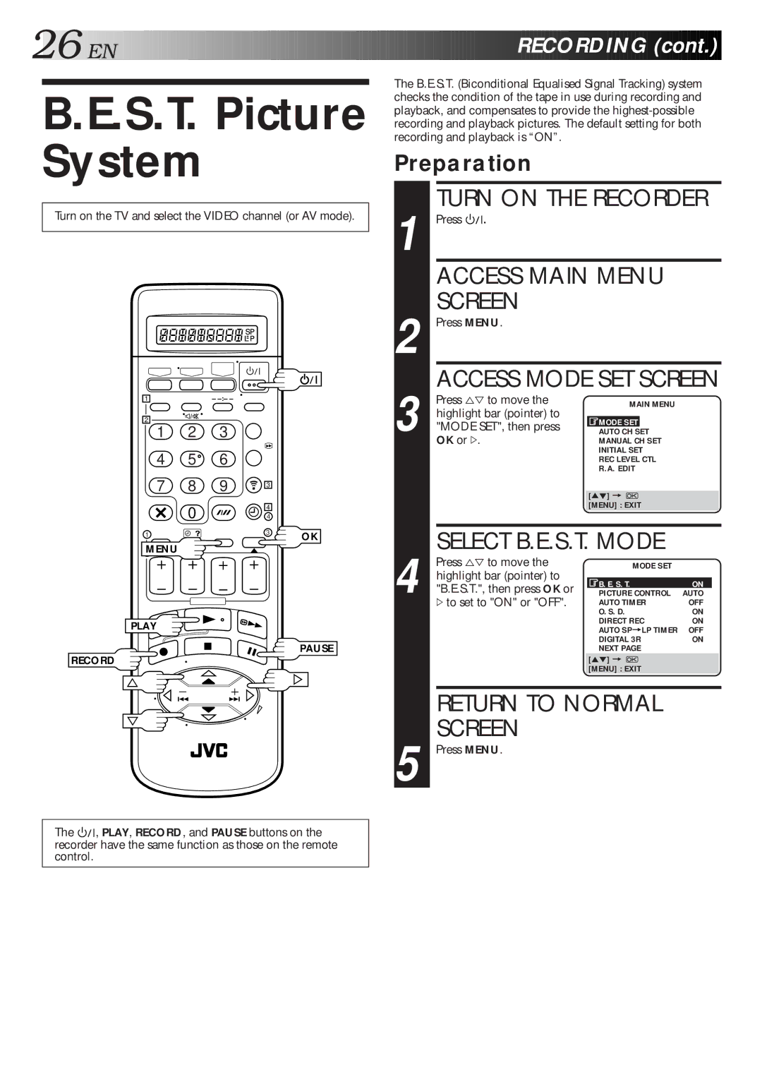 JVC HR-S9600EU specifications S.T. Picture System, EN Recording, Preparation 