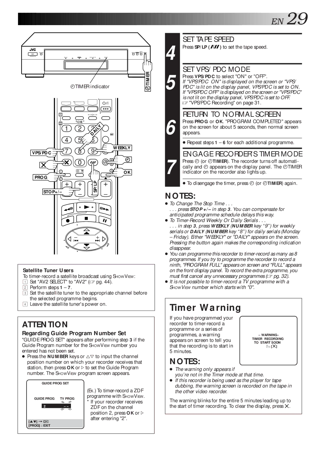 JVC HR-S9600EU specifications Timer Warning, Satellite Tuner Users, ÄTIMER indicator 