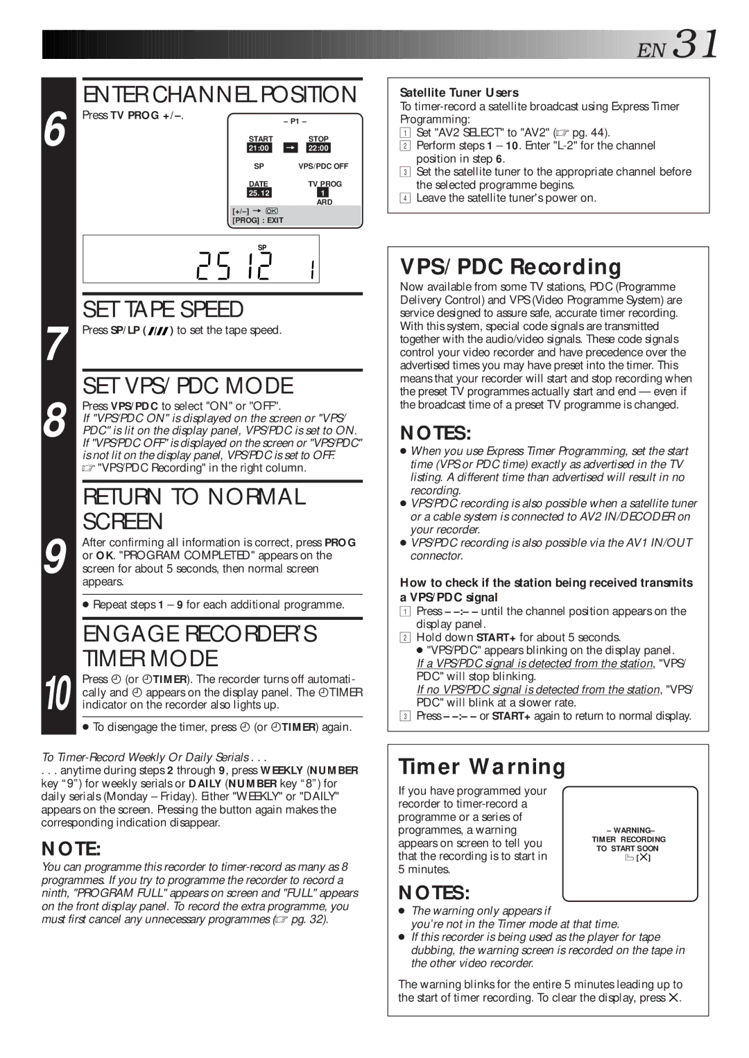 JVC HR-S9600EU specifications SET VPS/PDC Mode, Return to Normal, Engage RECORDER’S, Timer Mode, VPS/PDC Recording 