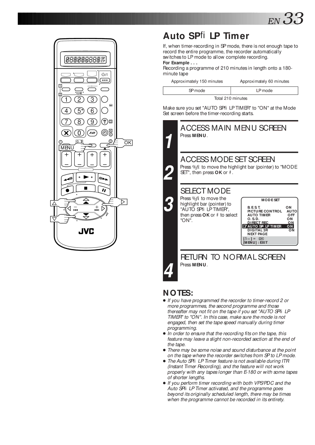 JVC HR-S9600EU specifications Auto SP→LP Timer, For Example, SET, then press OK or #, Then press OK or #to select 