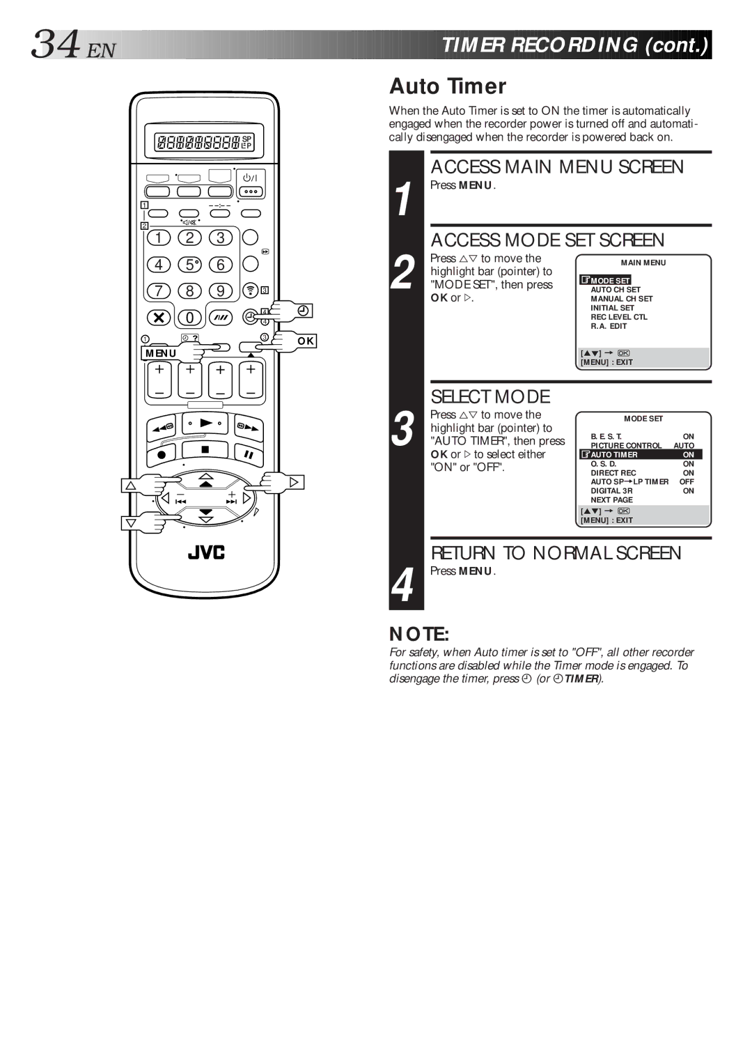 JVC HR-S9600EU specifications Auto Timer, Auto TIMER, then press, OK or #to select either, On or OFF 