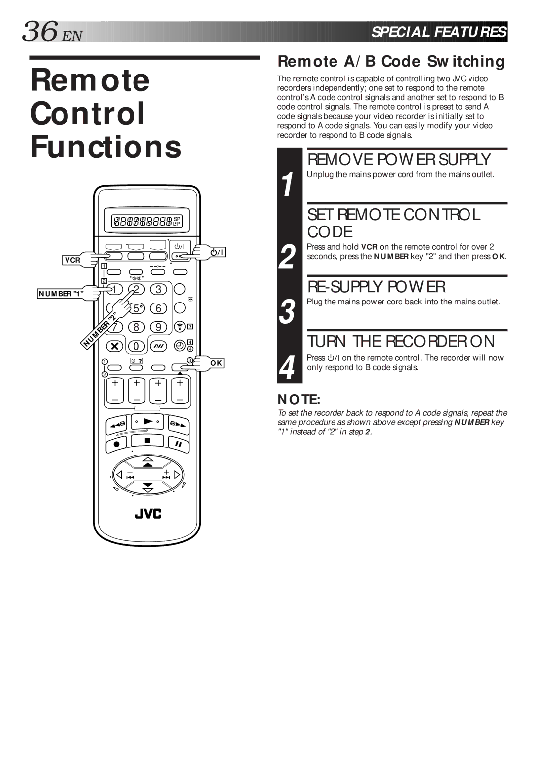 JVC HR-S9600EU specifications Remote Control Functions, SET Remote Control, Code, RE-SUPPLY Power, EN Special Feat Ures 