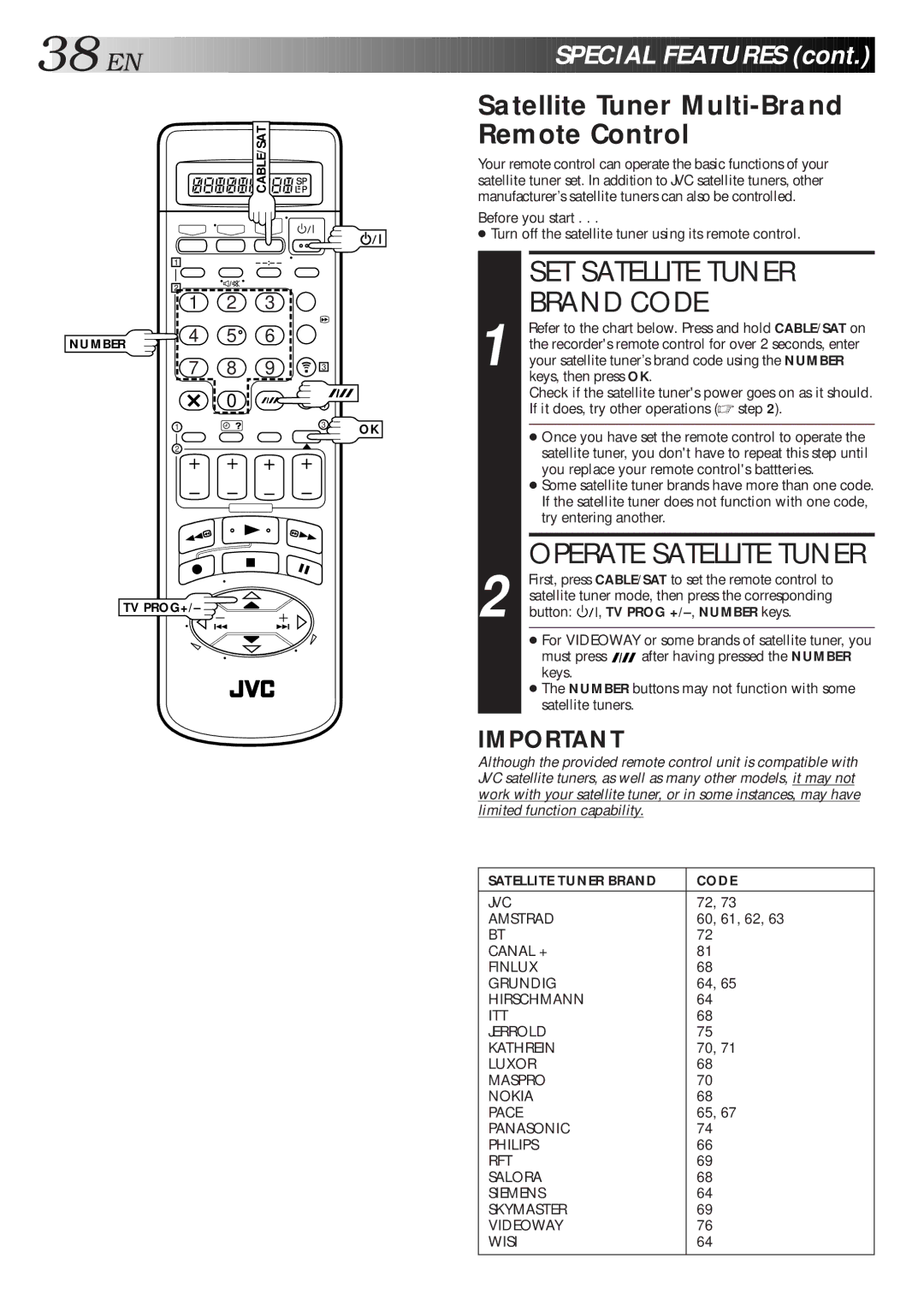 JVC HR-S9600EU specifications SET Satellite Tuner Brand Code, Operate Satellite Tuner, EN Special Features 