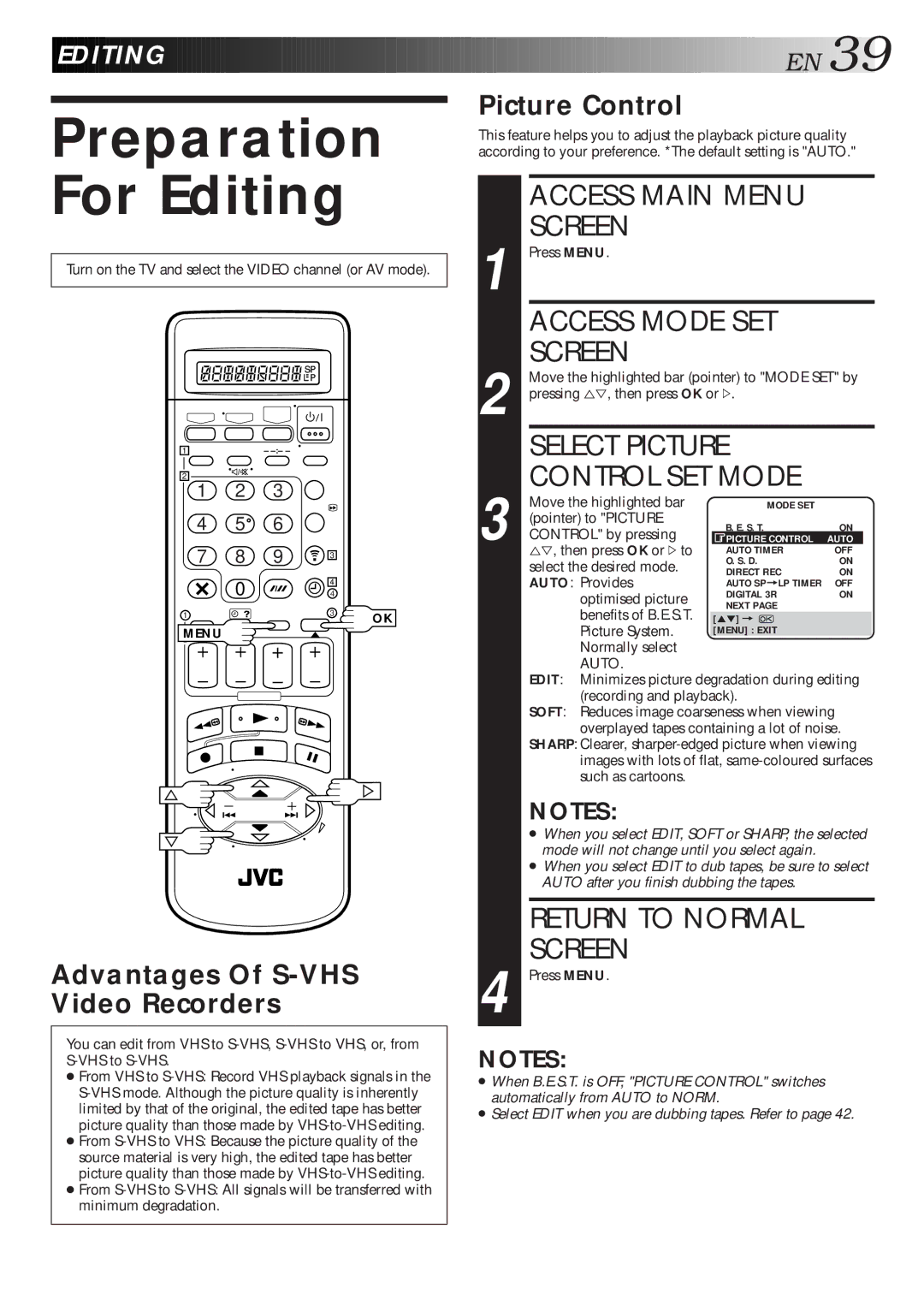 JVC HR-S9600EU specifications Preparation For Editing, Access Mode SET, Select Picture, Control SET Mode, Editin G 