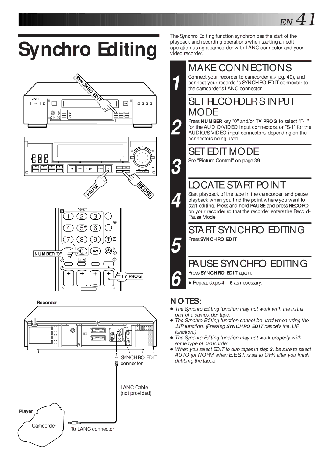 JVC HR-S9600EU specifications Synchro Editing, Repeat steps 4 6 as necessary, Recorder Player 