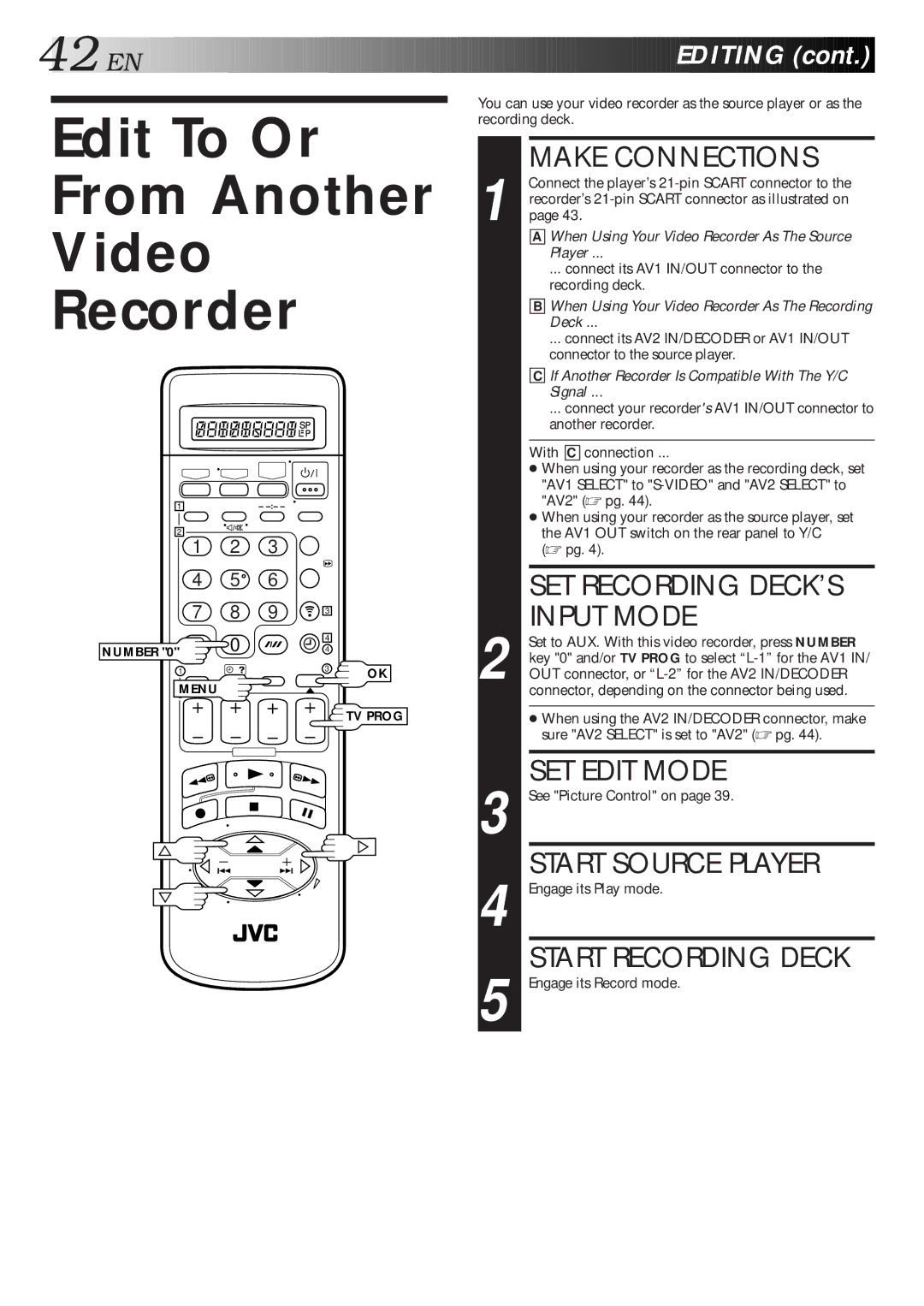 JVC HR-S9600EU specifications Edit To Or From Another Video Recorder 