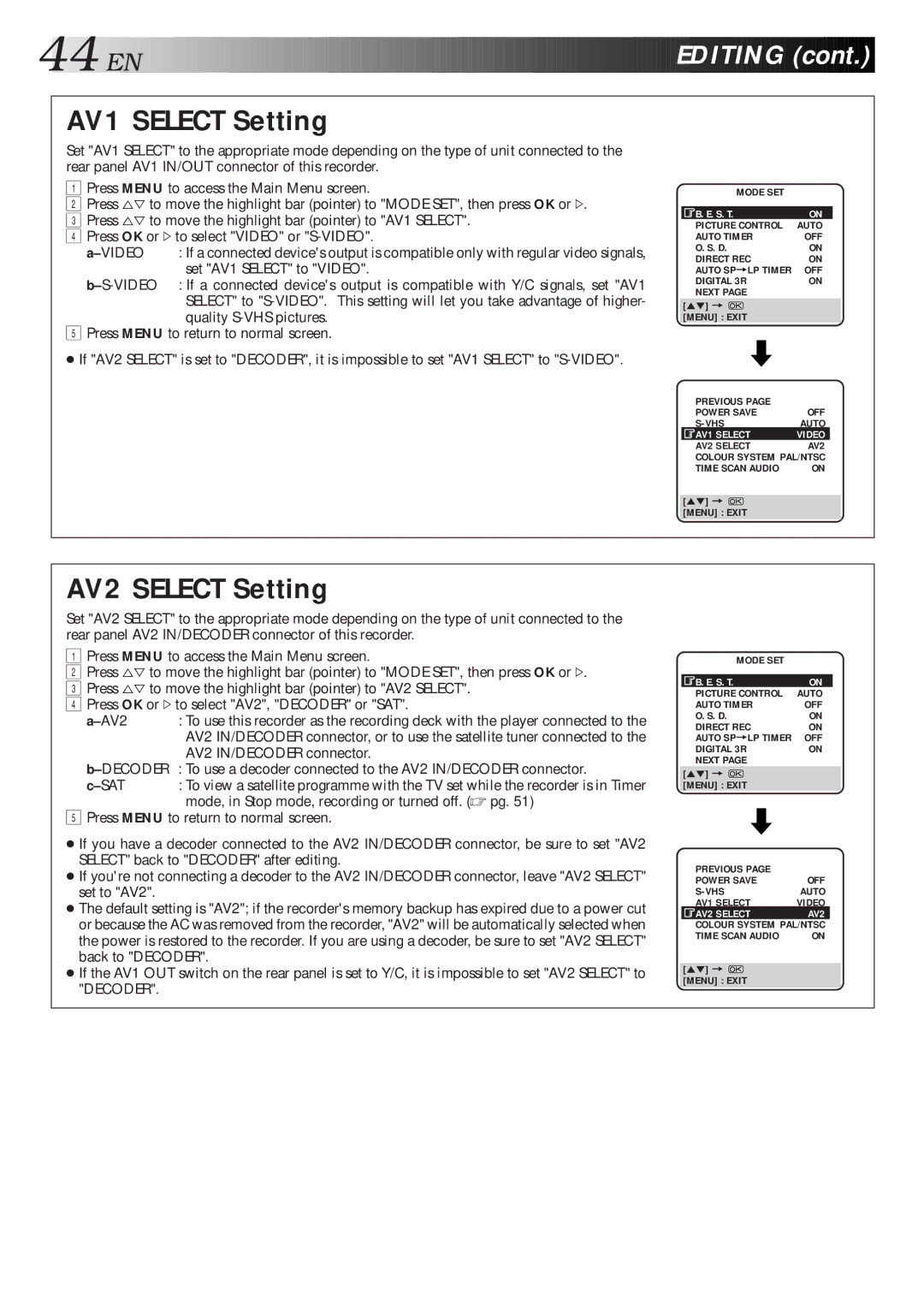 JVC HR-S9600EU specifications AV1 Select Setting, AV2 Select Setting 