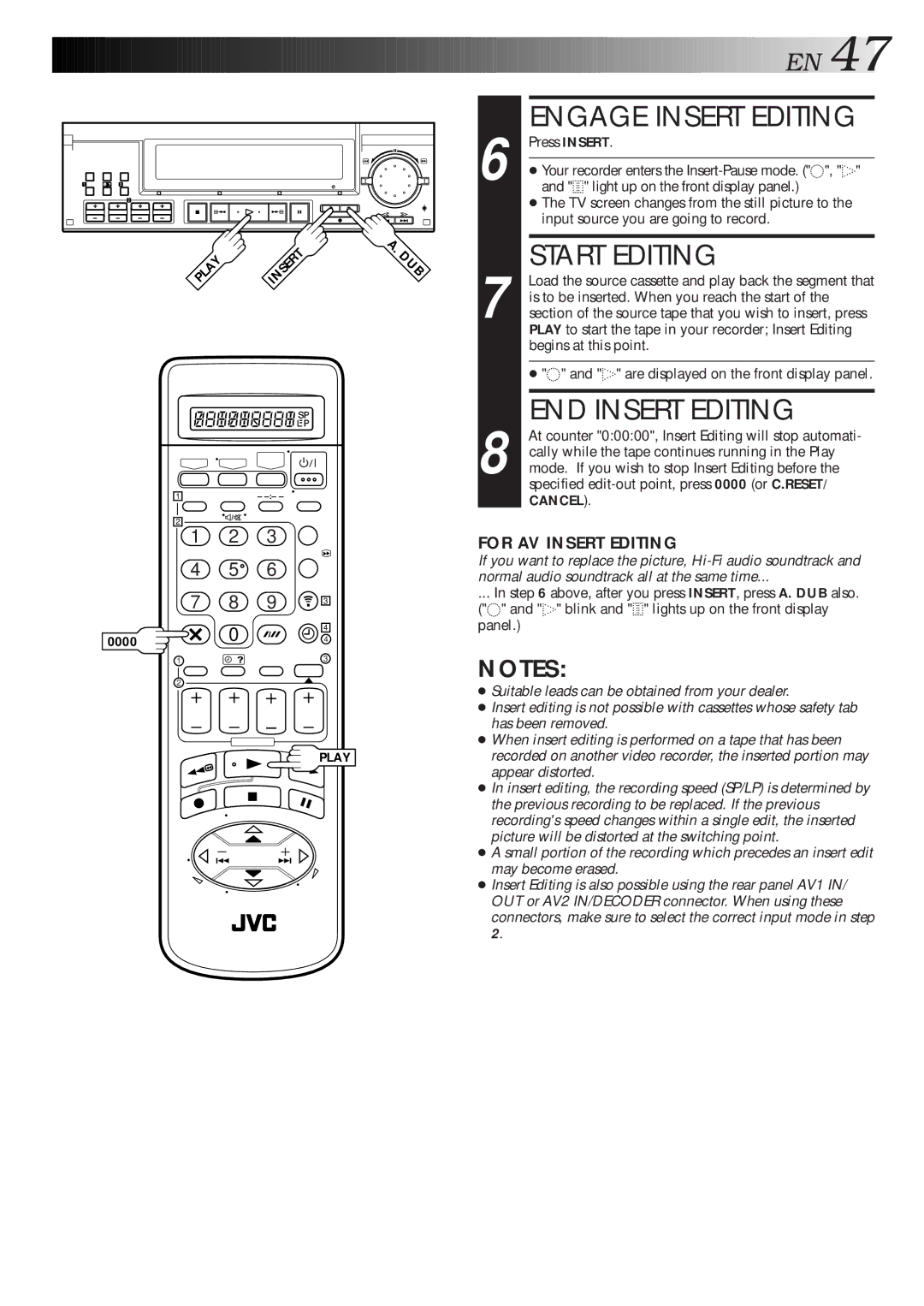 JVC HR-S9600EU specifications Engage Insert Editing, Start Editing, END Insert Editing, Press Insert 