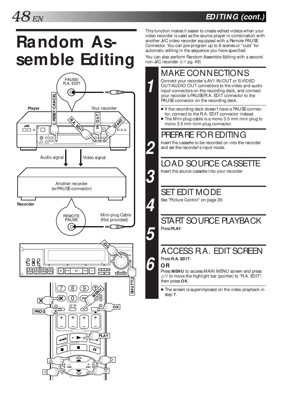 JVC HR-S9600EU specifications Random As- semble Editing, Prepare for Editing, Load Source Cassette, Start Source Playback 