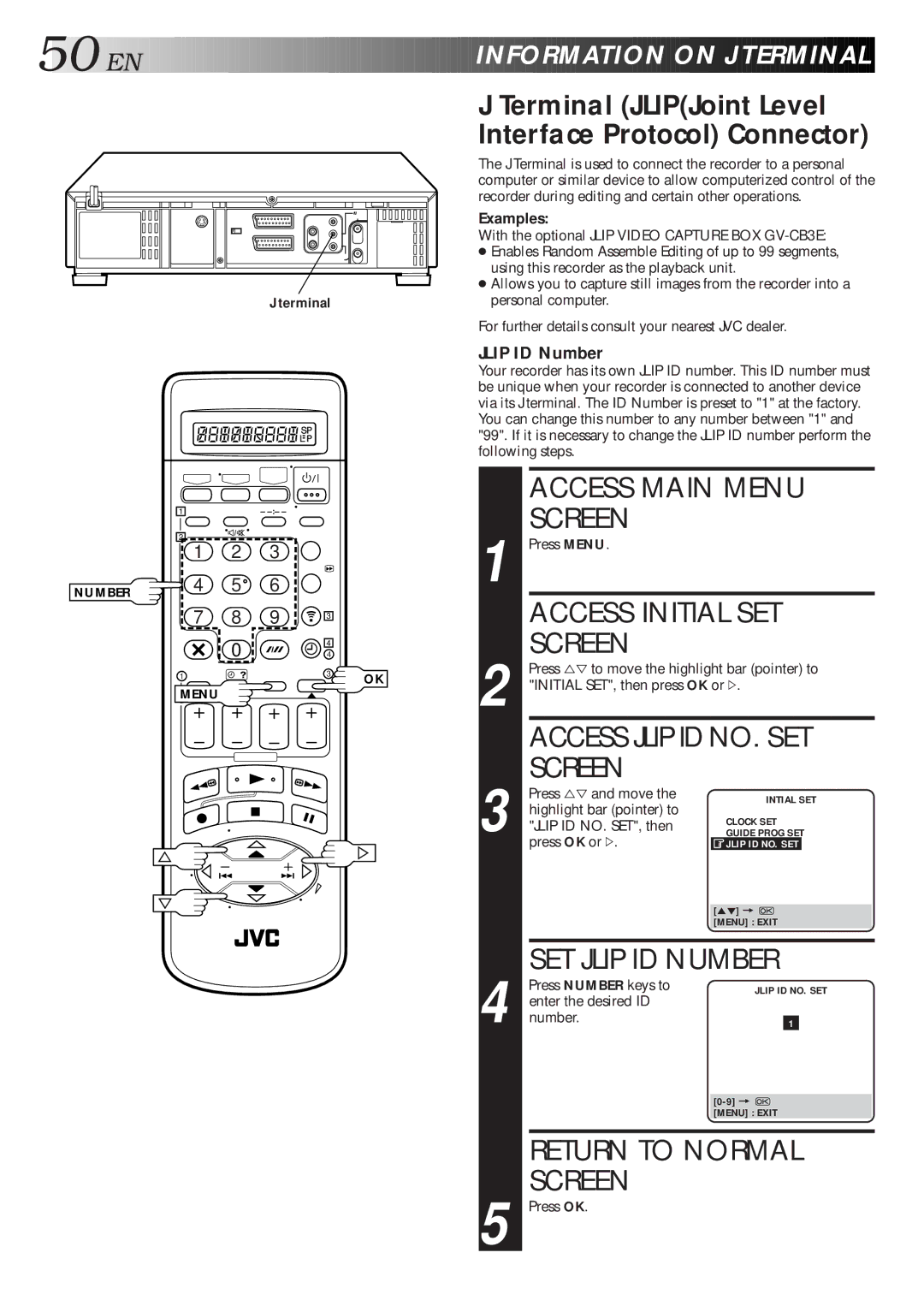 JVC HR-S9600EU Access Main Menu Screen, Access Initial SET Screen, Access Jlip ID NO. SET Screen, SET Jlip ID Number 