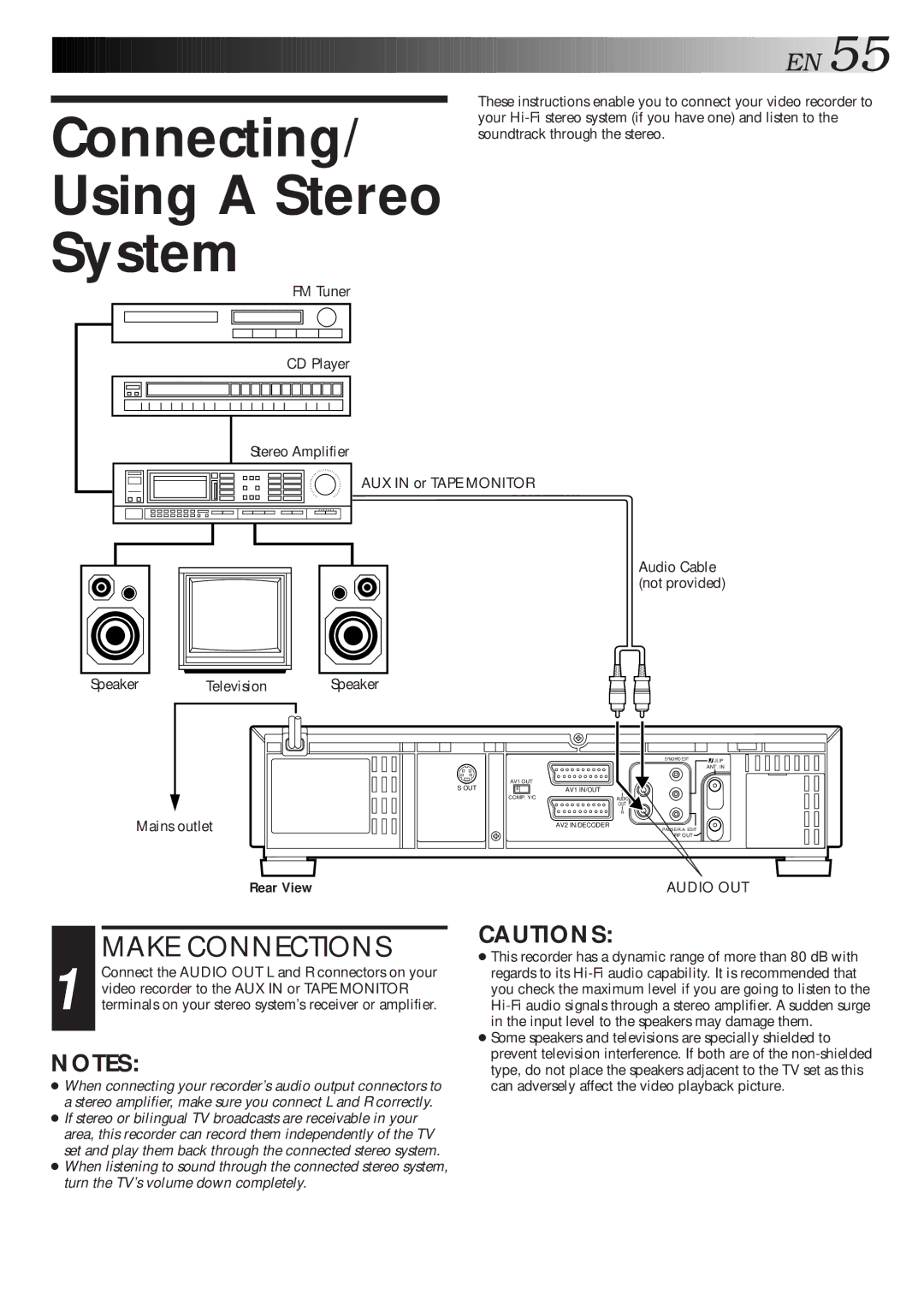 JVC HR-S9600EU specifications Connecting Using a Stereo System, Speaker Television Mains outlet, Rear View 