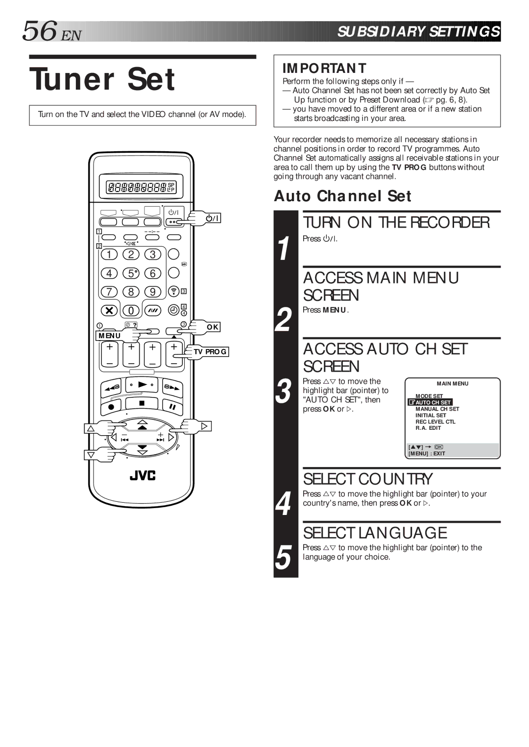 JVC HR-S9600EU specifications Tuner Set, Access Auto CH SET, EN Subsi Diary Sett Ings, Auto Channel Set 