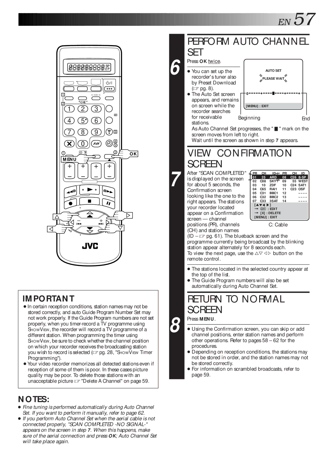 JVC HR-S9600EU specifications Perform Auto Channel SET, View Confirmation Screen 