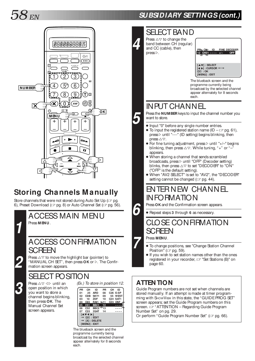 JVC HR-S9600EU specifications SU Bsidiary Settings, Storing Channels Manually 