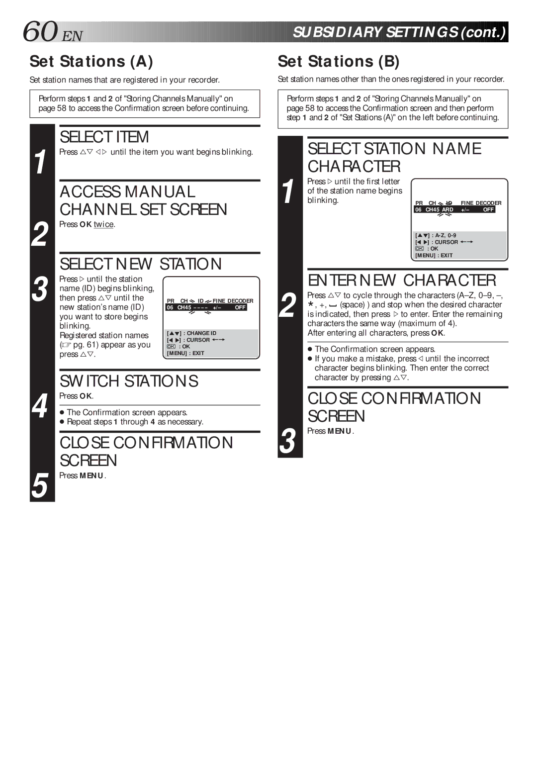 JVC HR-S9600EU Access Manual, Channel SET Screen, Select NEW Station, Switch Stations, Select Station Name Character 