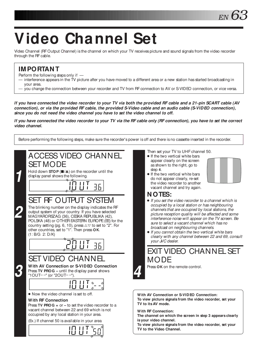 JVC HR-S9600EU specifications Video Channel Set, Access Video Channel SET Mode, SET RF Output System, SET Video Channel 