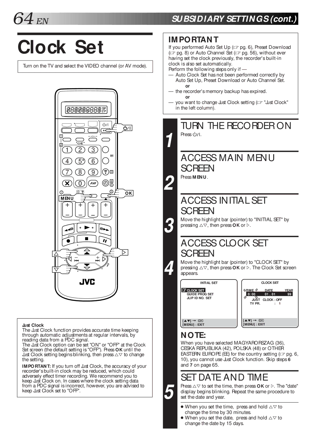 JVC HR-S9600EU specifications Clock Set, Turn the Recorder on, Access Initial SET, SET Date and Time 