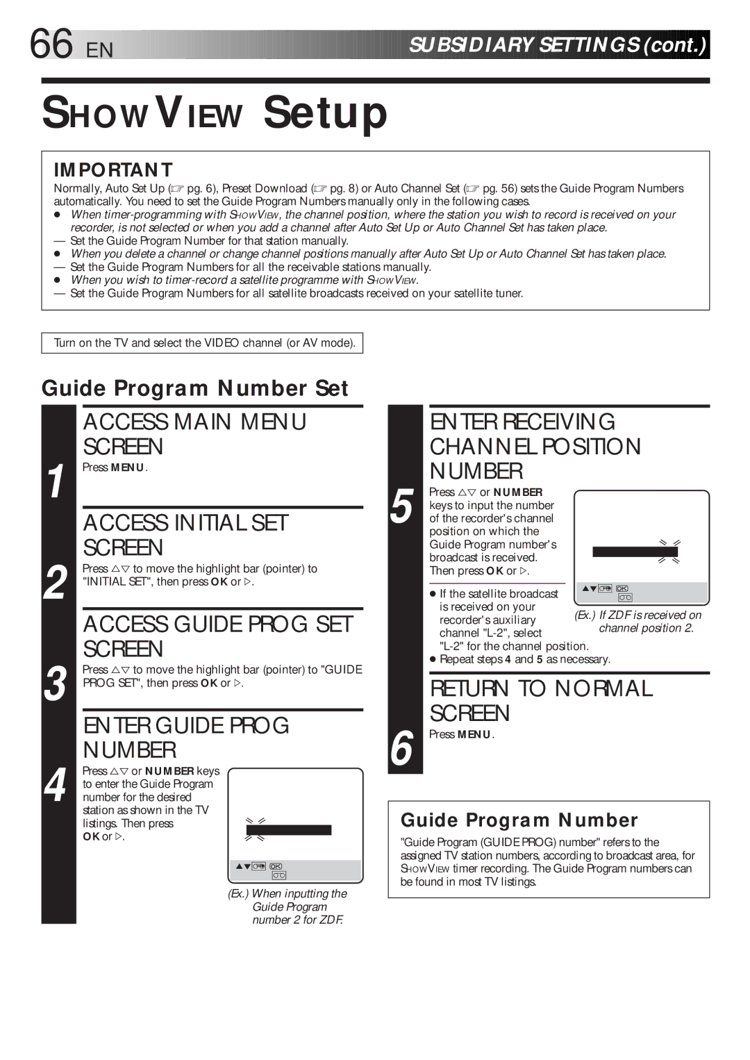 JVC HR-S9600EU specifications Showview Setup, Enter Receiving Channel Position Number, Guide Program Number Set 