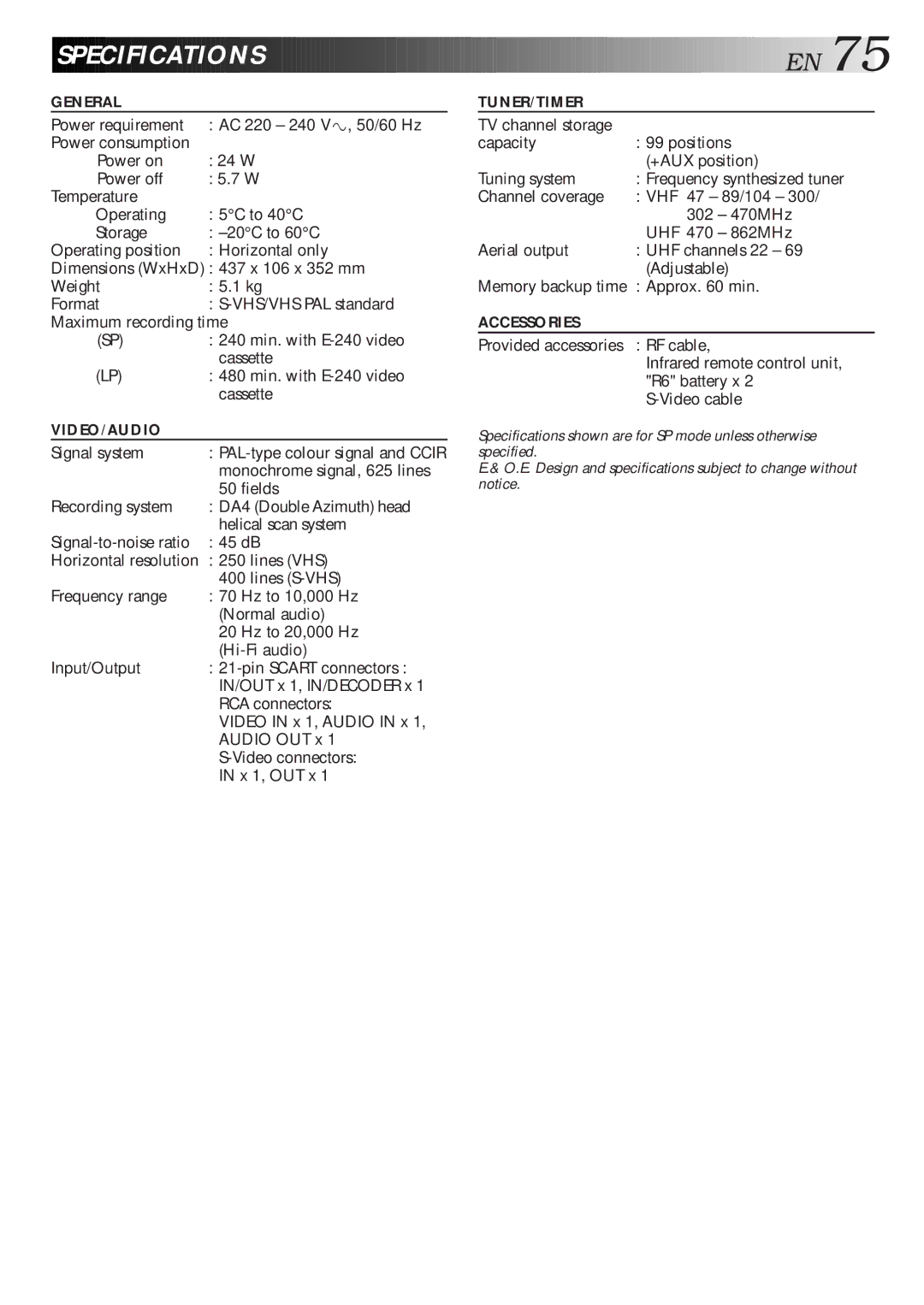 JVC HR-S9600EU specifications Speci Fications, PAL-type colour signal and Ccir, Provided accessories 