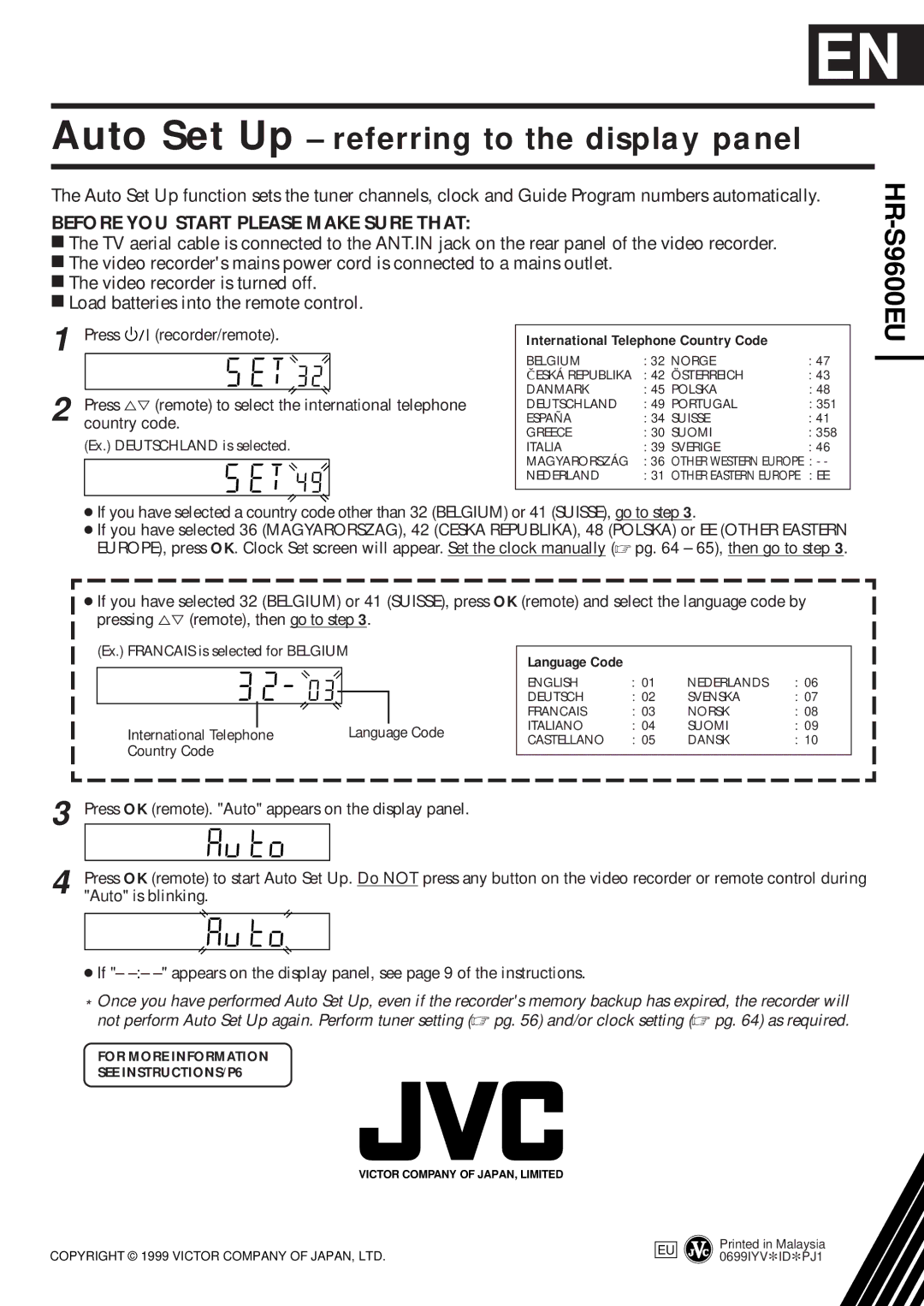 JVC HR-S9600EU Ex. Deutschland is selected, Ex. Francais is selected for Belgium, International Telephone Language Code 