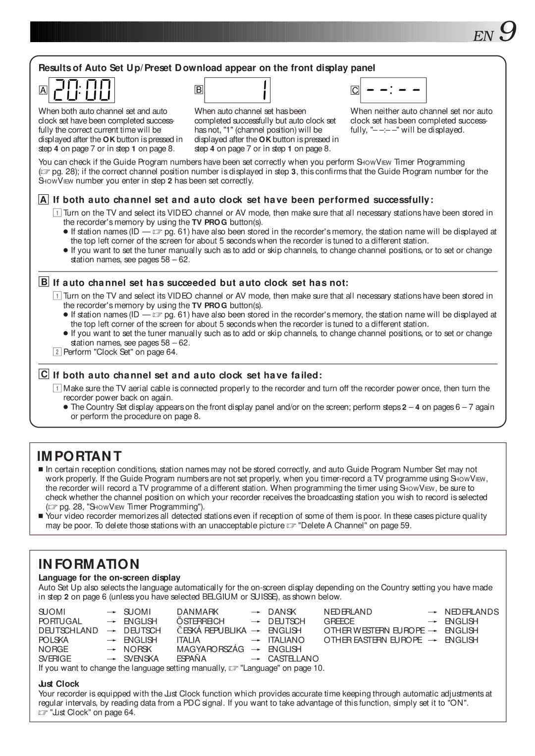 JVC HR-S9600EU If both auto channel set and auto clock set have failed, Language for the on-screen display, Just Clock 