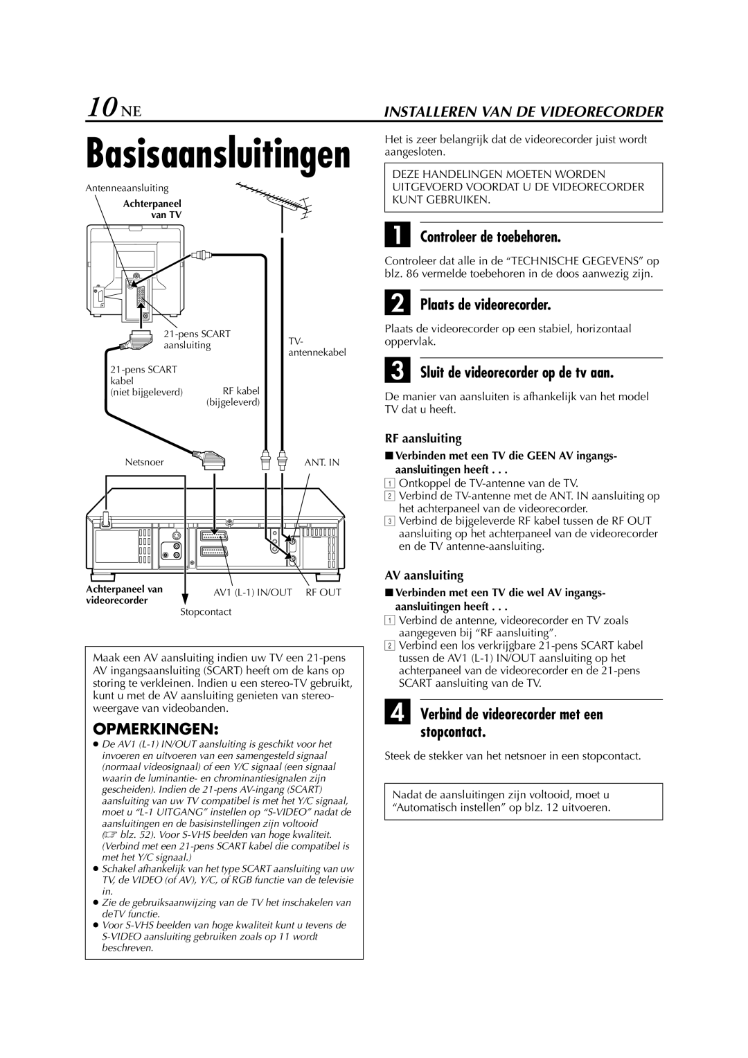 JVC HR-S9700EU manual 10 NE, Controleer de toebehoren, Plaats de videorecorder, Sluit de videorecorder op de tv aan 