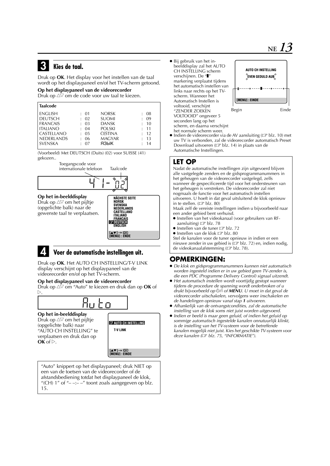 JVC HR-S9700EU manual Kies de taal, Druk op rt om de code voor uw taal te kiezen, Taalcode 