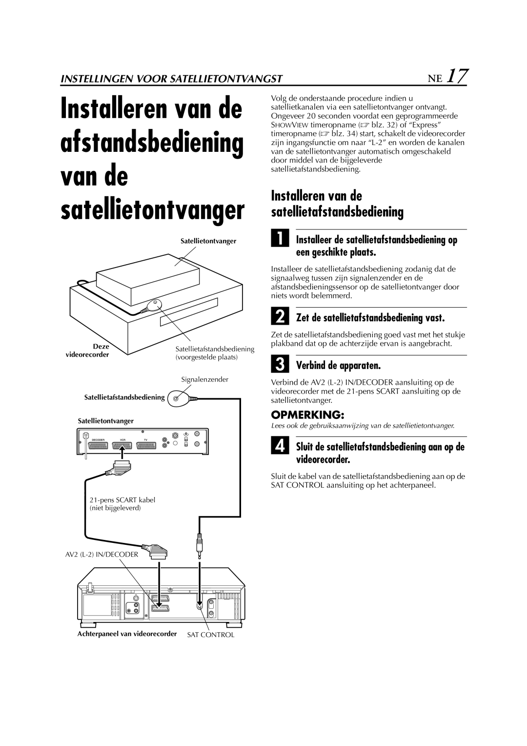 JVC HR-S9700EU manual Zet de satellietafstandsbediening vast, Verbind de apparaten 