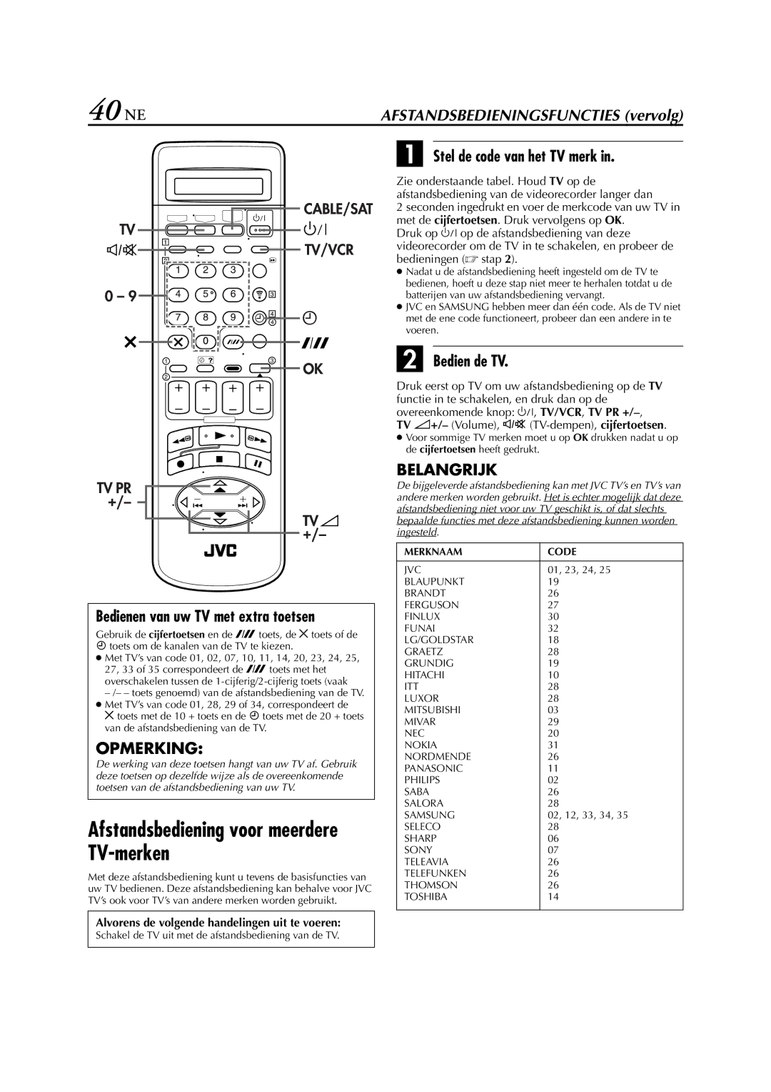 JVC HR-S9700EU manual 40 NE, Afstandsbediening voor meerdere TV-merken, Bedienen van uw TV met extra toetsen, Bedien de TV 