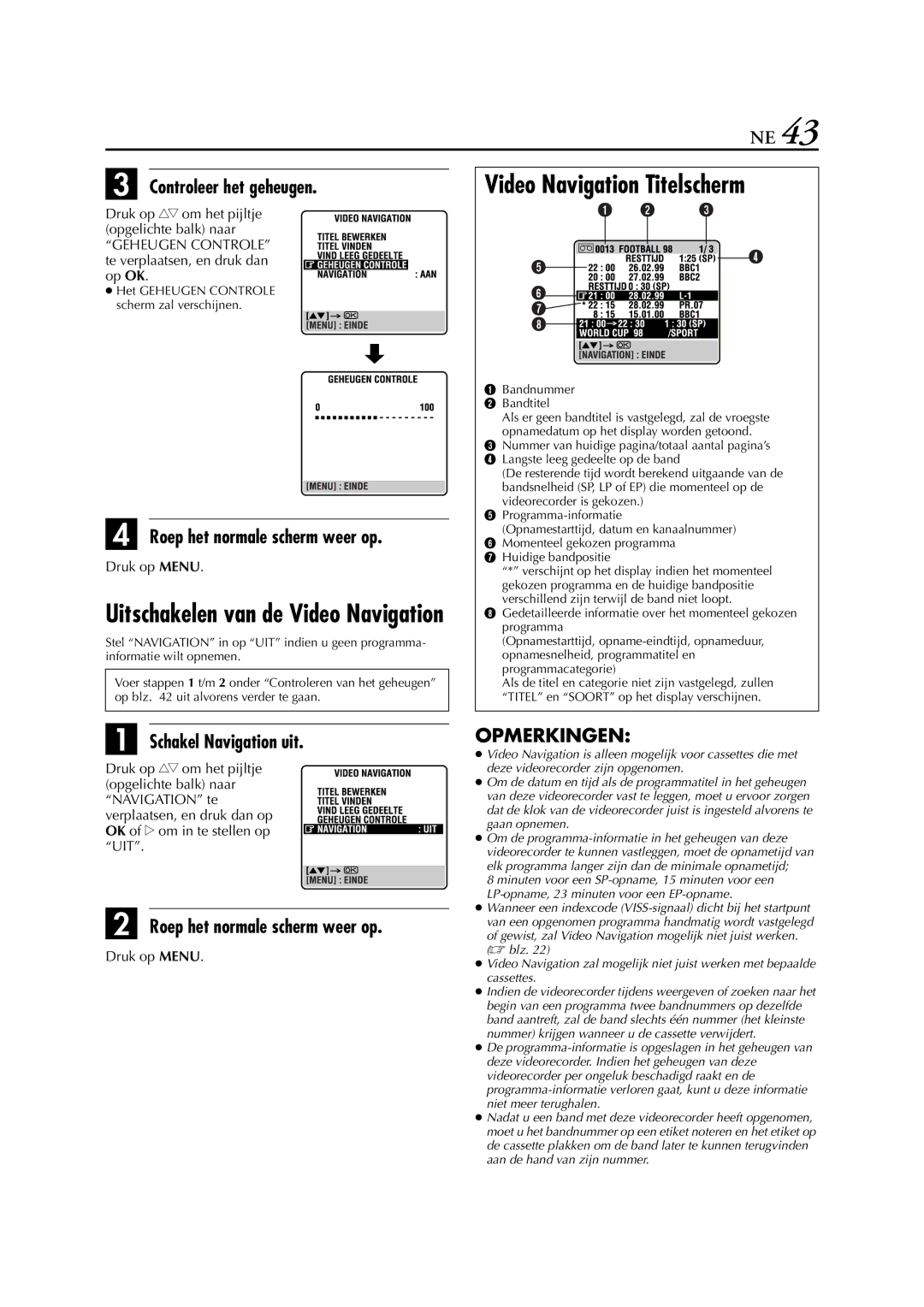 JVC HR-S9700EU manual Video Navigation Titelscherm, Controleer het geheugen, Schakel Navigation uit 