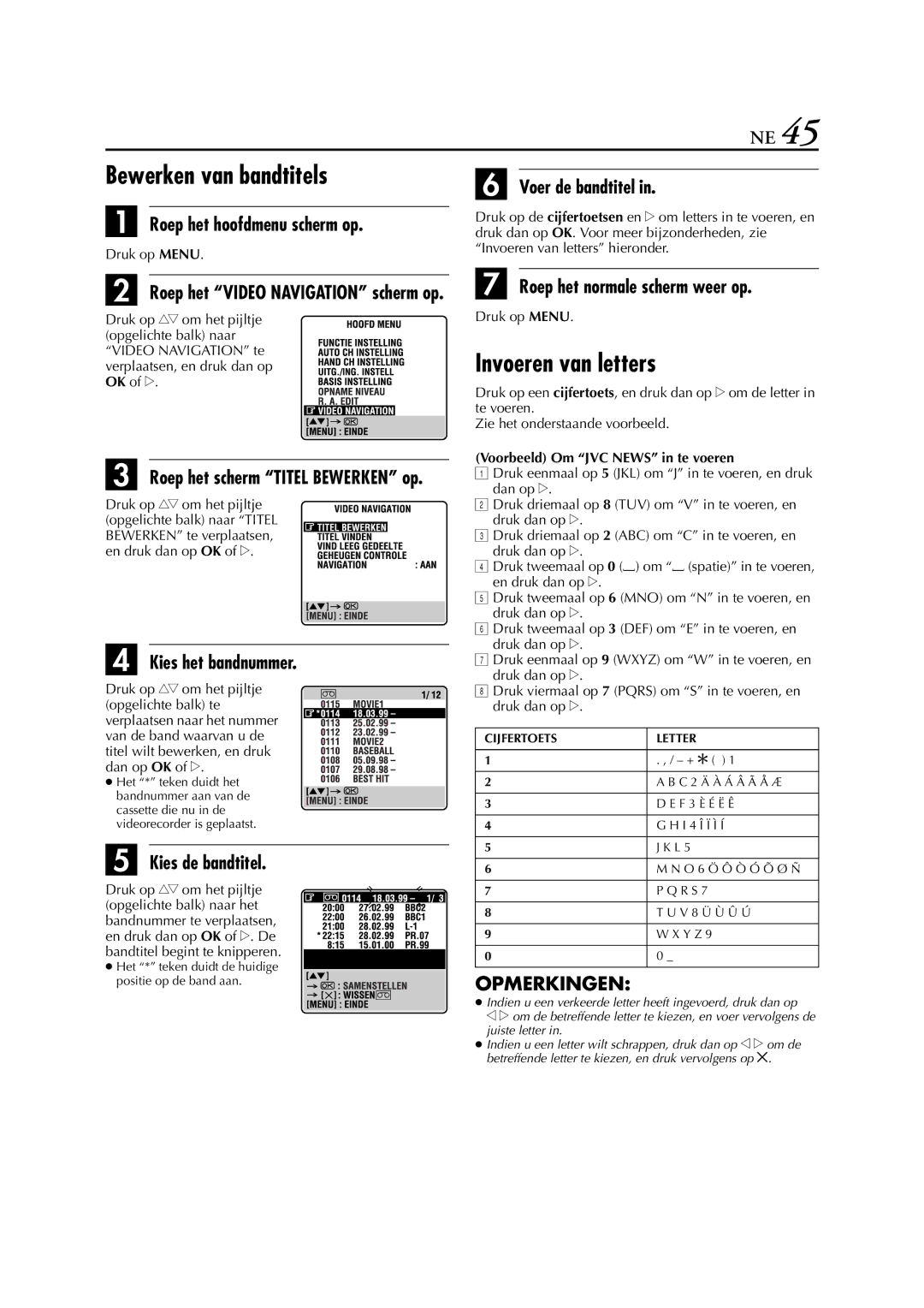 JVC HR-S9700EU manual Bewerken van bandtitels, Invoeren van letters, Kies de bandtitel, Voer de bandtitel 