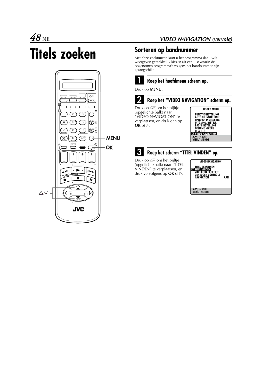 JVC HR-S9700EU manual Titels zoeken, 48 NE, Sorteren op bandnummer, Roep het scherm Titel Vinden op 